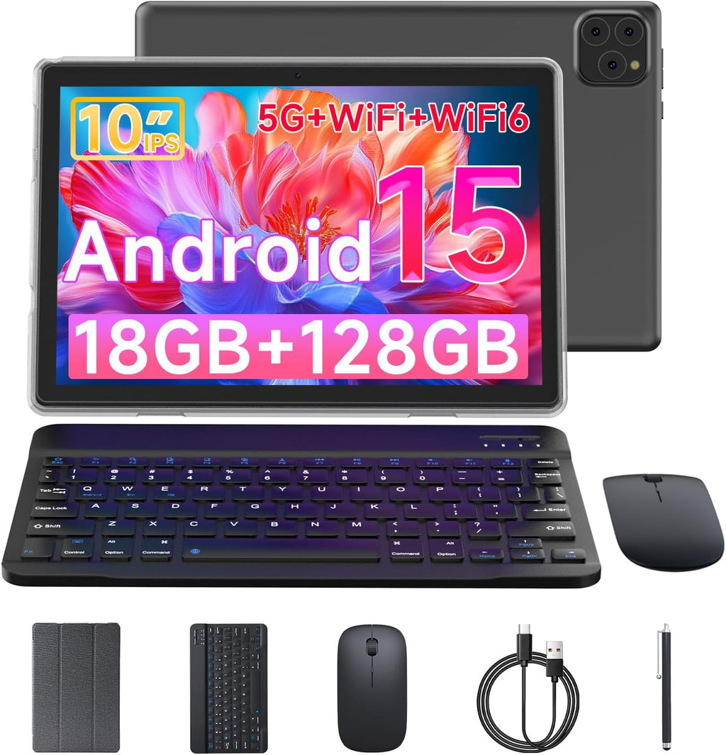 Tablet Android 15 10 Inch 18GB RAM+128GB ROM/ 2TB Expandable Tablet, 1280 * 800 HD Touch Screen, 5G WiFi6 BT 5.0, 2 in 1 Tablets with Keyboard Case Mouse Stylus (Black)