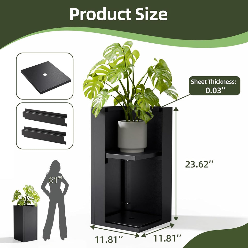 Tall Metal Planters Box for Outdoor Plants 2 Pack- 23.6" Modern Steel Tall Square Planter with Removable Insert Shelf, Heavy Duty Pedestal Planter Front Porch Decor Patio Garden, Black