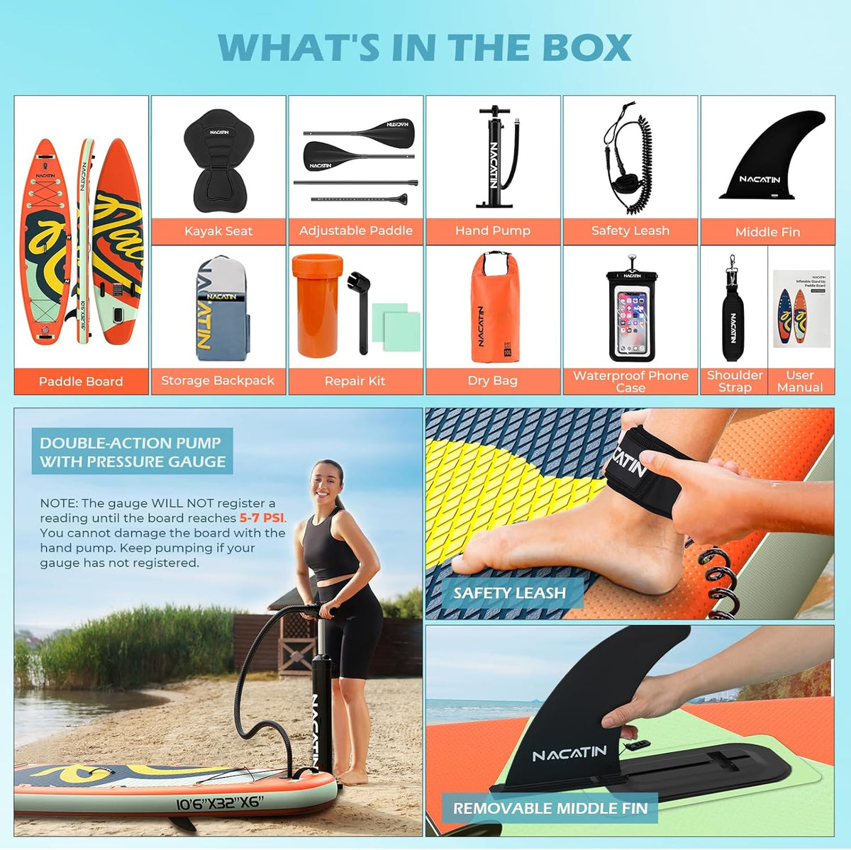 NACATIN Inflatable Stand Up Paddle Board,10'6"Upgrade Version Blow Up Paddle Boards for Adults with Premium SUP Accessories& Backpack,Adjustable Paddle,Camera Mount,Hand Pump, for Lake, River, Yoga
