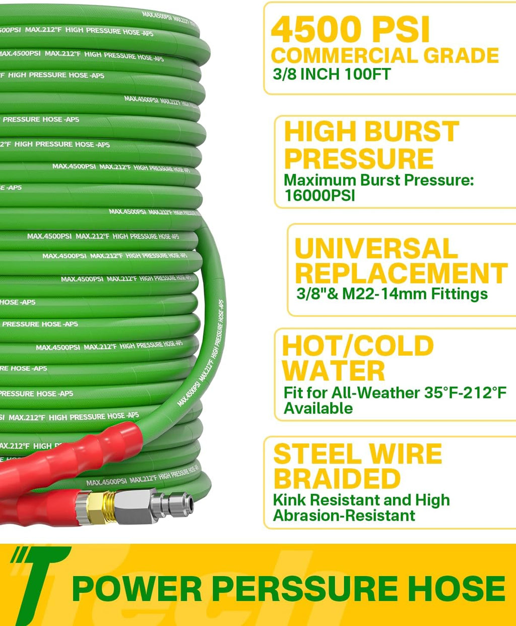 Pressure Washer Hose 100FT 3/8" for Cold and Hot Water 212°F, with Swivel Quick Connect, 4500PSI Kink Resistant Grade Steel Wire Braided, Power Washer Hose With 2pcs M22-14mm Adapter