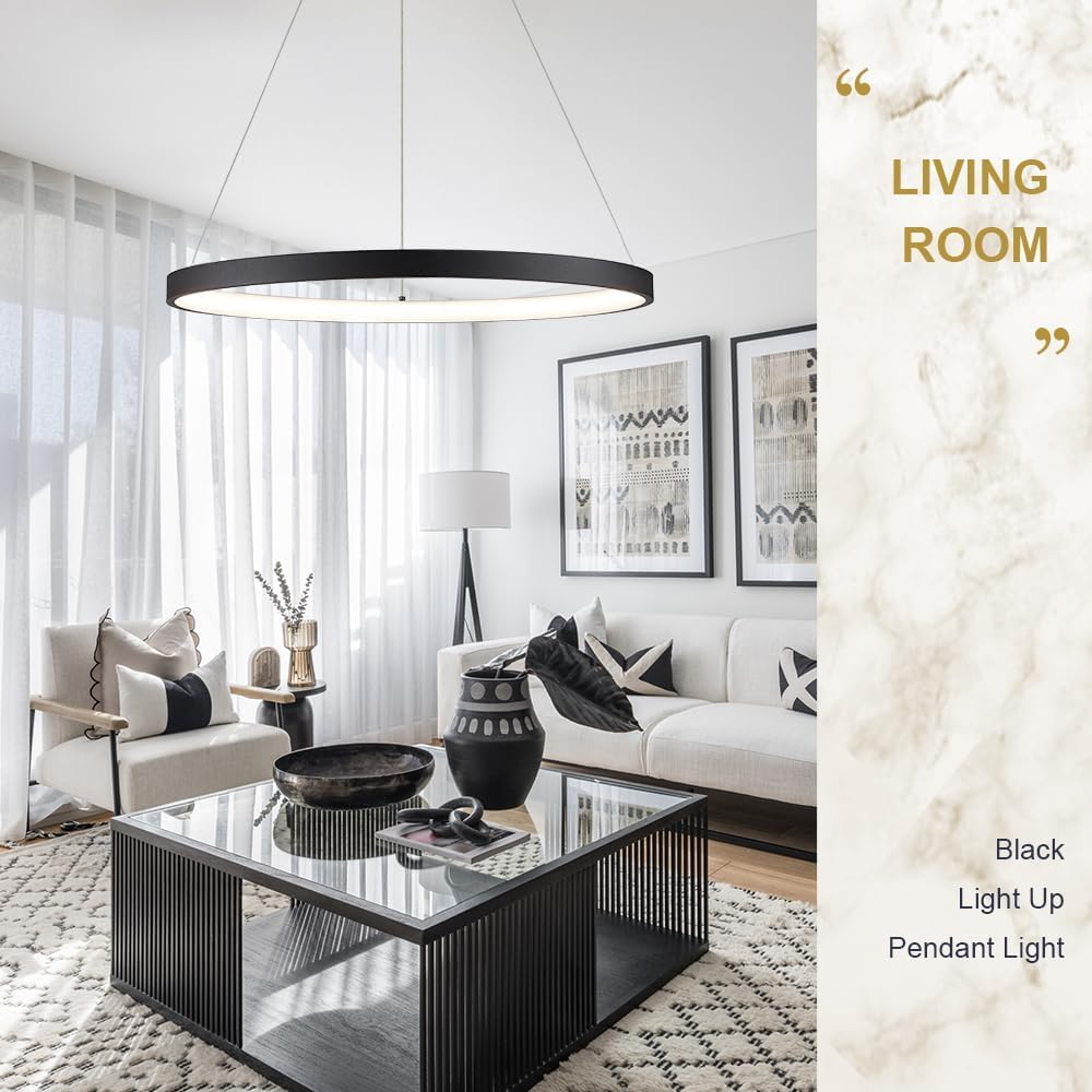 Modern LED Pendant Light Black Ring Chandelier 24" Dimmable Flush Mount Pendant Chandelier for Dinning Room Office Kitchen Living Room,3000-6500K