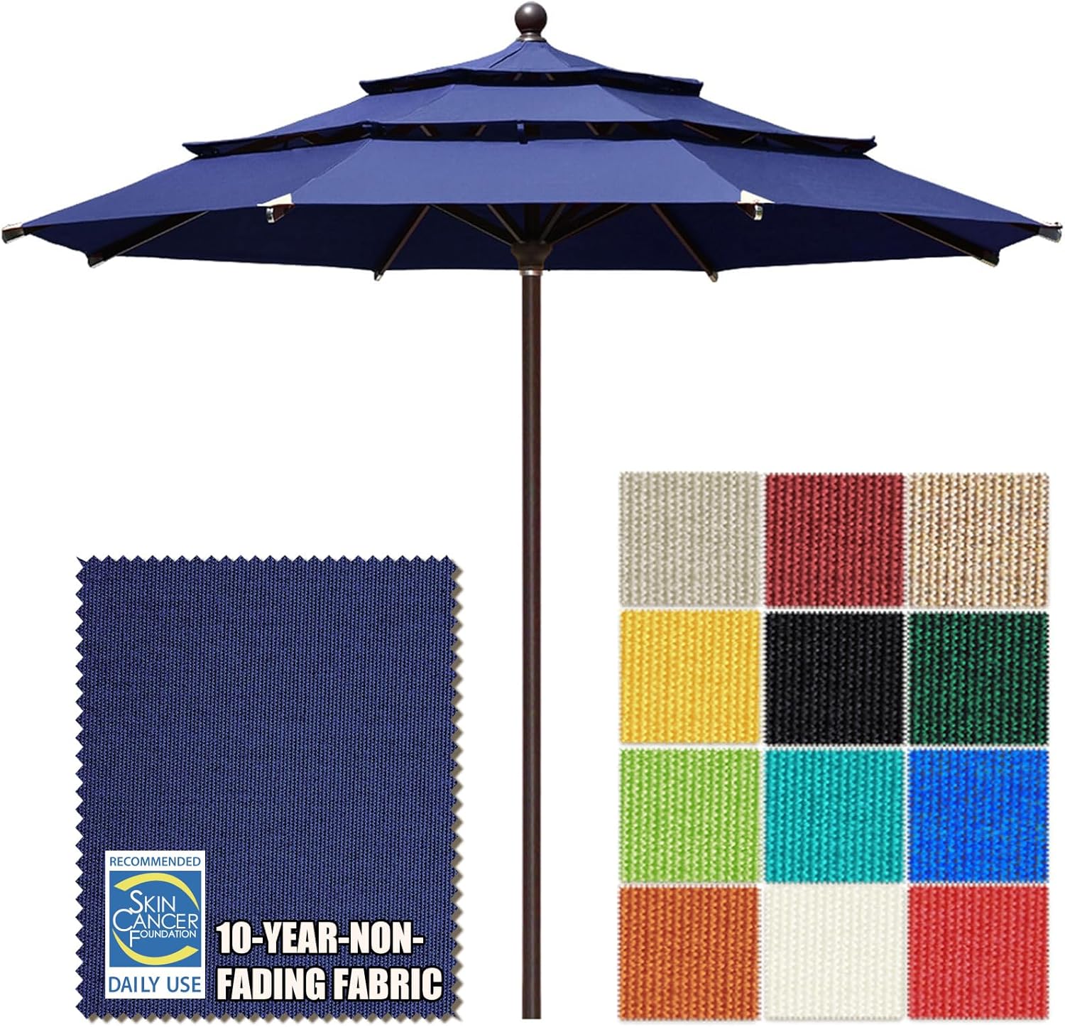 EliteShade USA 10-Year-Non-Fading 11ft 3-Tier Market Patio Umbrella, Commercial Grade Outdoor Table Umbrella with Cylinder Push-Up, Windproof & UPF 50+ UV Protection, Heavy Duty Ventilation for Garden, Deck, Pool, Backyard, Beach & Bistro, Navy Blue