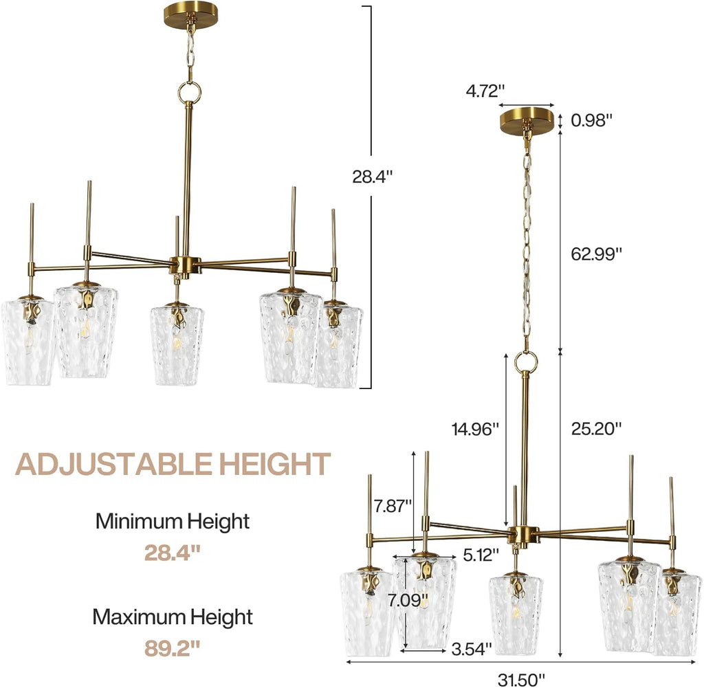 Tribesigns Modern Gold Chandelier with Water Ripple Wine Glass Shades, 5-Light Pendant Light with Adjustable Height for Dining Room, Kitchen Island, Living Room, E12 Base