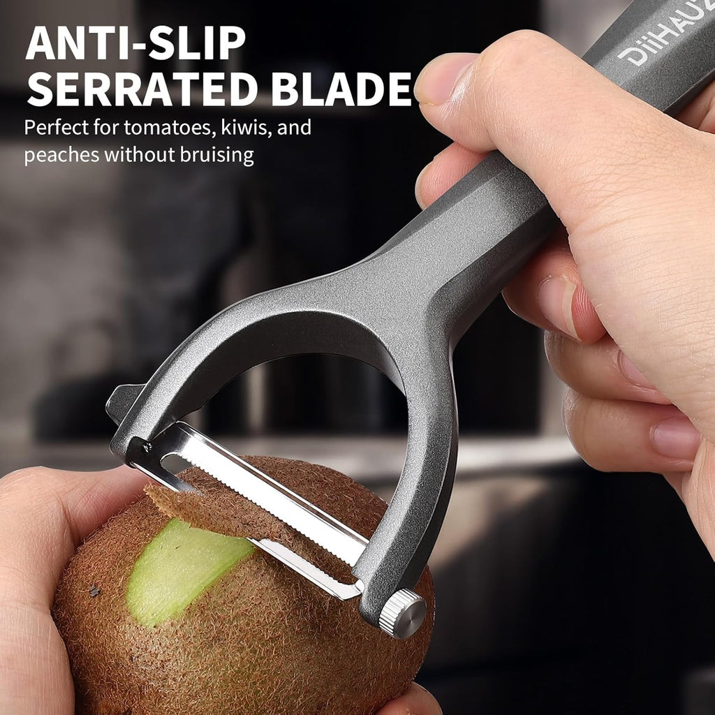 Aluminum Alloy Y Peeler for Kitchen, Heavy Duty Vegetable & Fruit Peeler with 2 replaceable Blades (Straight & Serrated), Ultra Sharp 420J2 Stainless Steel, Ergonomic Matte Grip, Gift Boxed