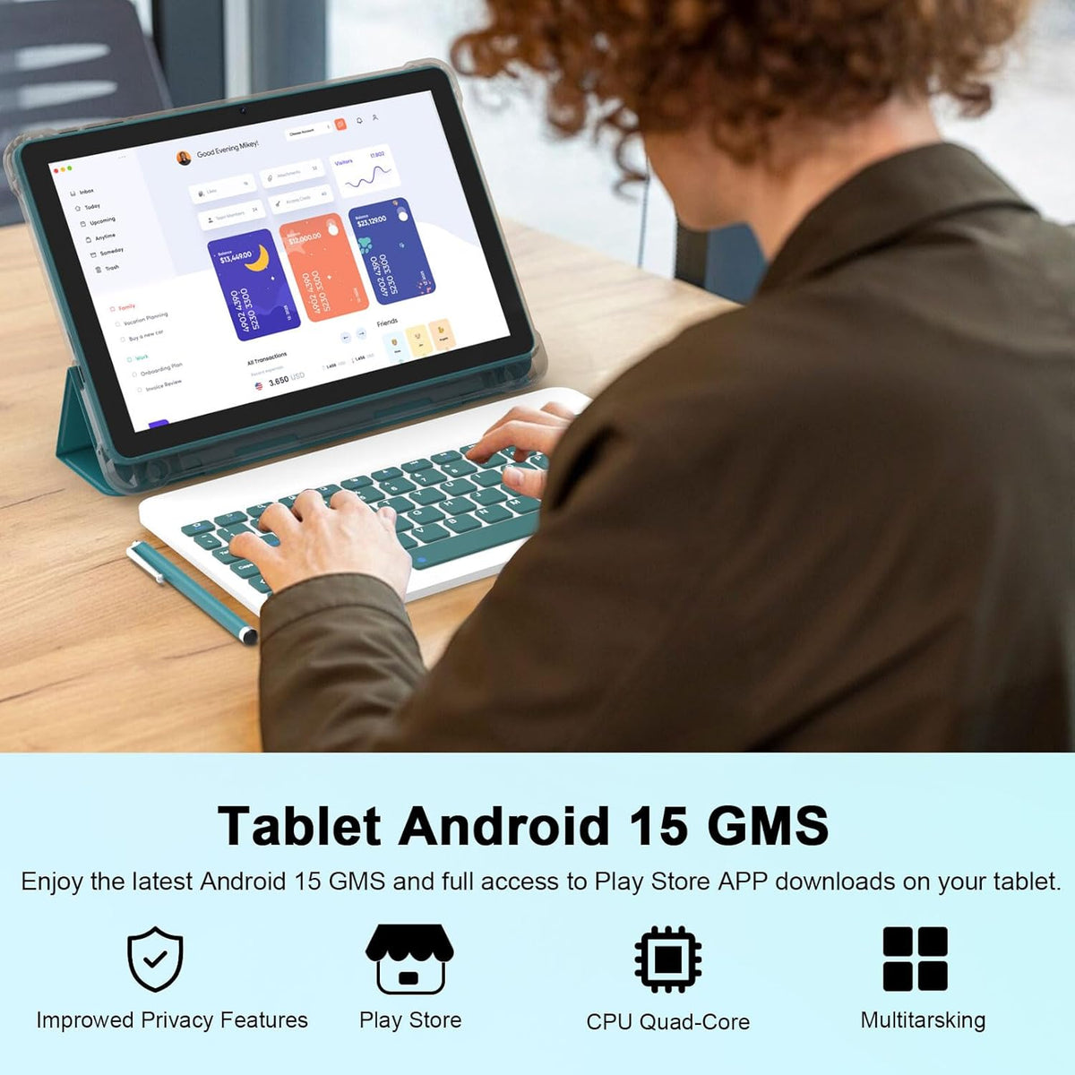 CUPEISI Android 15 Tablet 10 Inch, 20GB RAM+128GB ROM/ 2TB Expandable, 2.0GHz Quad-core Processor, 1280*800 HD Screen, 5G WiFi6 BT 5.0, 2 in 1 Tablets with Keyboard Case Mouse Stylus, Widevine L1 Blue