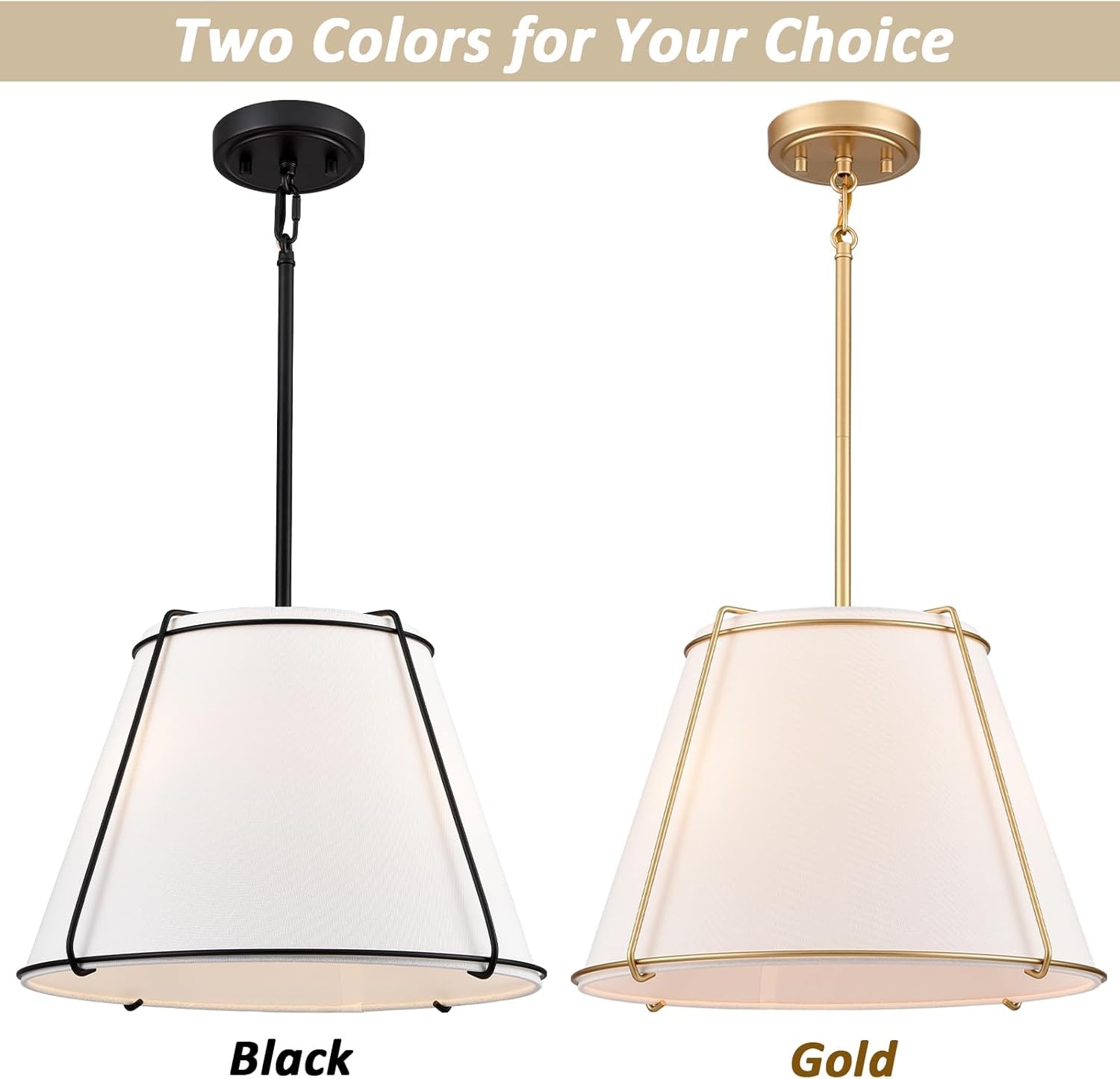 Cone Pendant Light Fixture with Metal Lantern Fabric Drum Shade 16" White and Gold Chandeliers for Kitchen Dining Room Living Room Bedroom