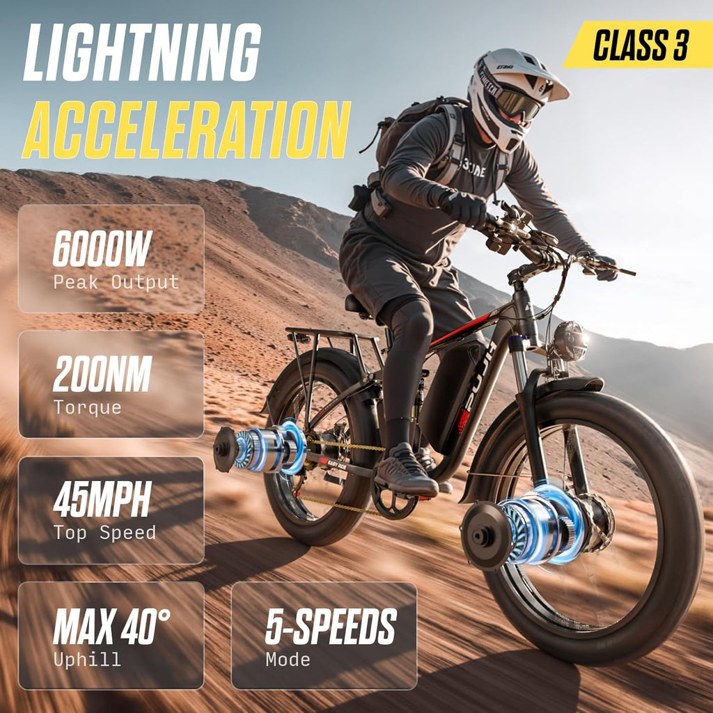 Peak 6000W Dual Motor Electric Bike,60V 1200Wh Removable Battery & 110Nm Torque,Fast Ebike for Adults,Max 45MPH & 100-Mile Range,24" Fat Tire Electric Bicycle for Snow Commuter Riding E-Bikes