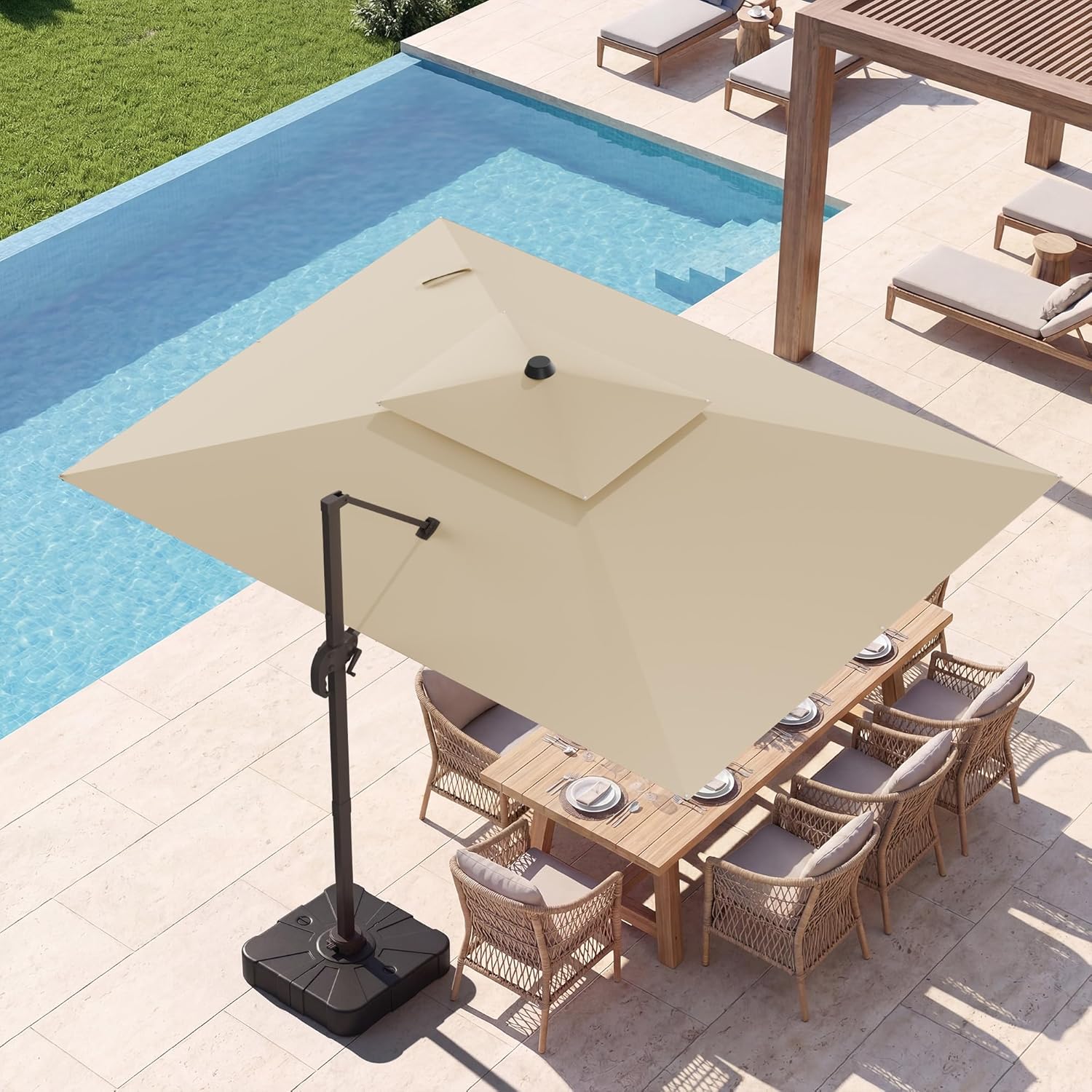 9x12 FT Patio Umbrella, Large Cantilever Rectangular Double Top Heavy Duty Offset Umbrellas with 360° Rotation, Outdoor shade for Garden Deck Pool, Beige