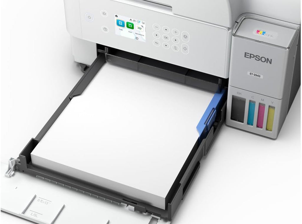 Epson EcoTank ET-3943 Wireless All-in-One Color Supertank Printer, Refillable Tanks, 2.4" Color Display, Auto Document Feeder, Auto Duplex Print/Copy, Scan, 250-Sheet Paper Tray – White