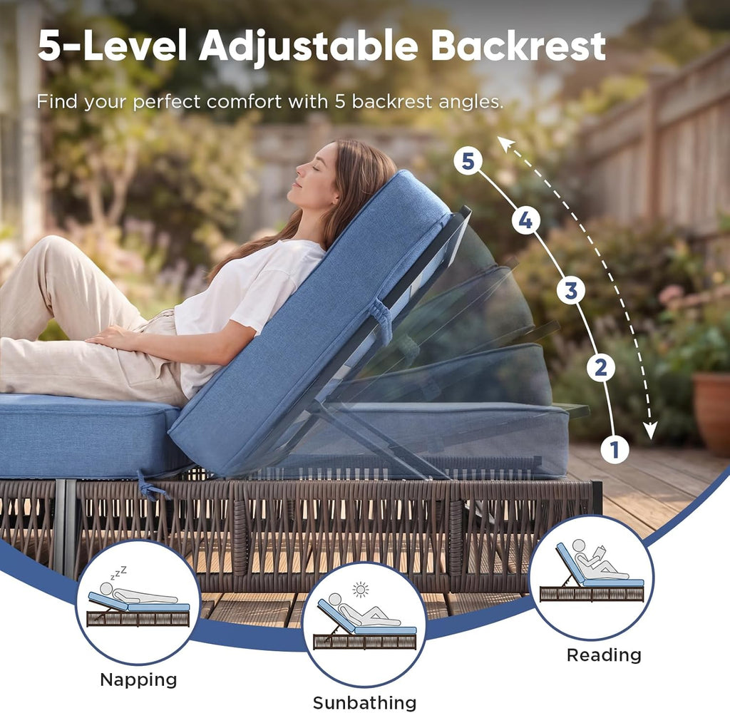 Outdoor Chaise Lounge Chairs Set of 2 with 5-Inch Thick Cushions, 5-Levels Adjustable Reclining Lounger, Wicker Patio Recliners Pool Chair, Sunbathing Lounger for Outdoor, Backyard, Poolside - Blue