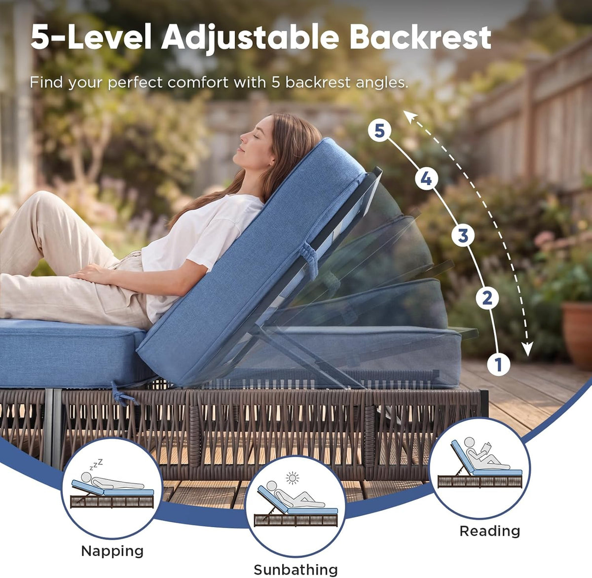 Outdoor Chaise Lounge Chairs Set of 2 with 5-Inch Thick Cushions, 5-Levels Adjustable Reclining Lounger, Wicker Patio Recliners Pool Chair, Sunbathing Lounger for Outdoor, Backyard, Poolside - Blue