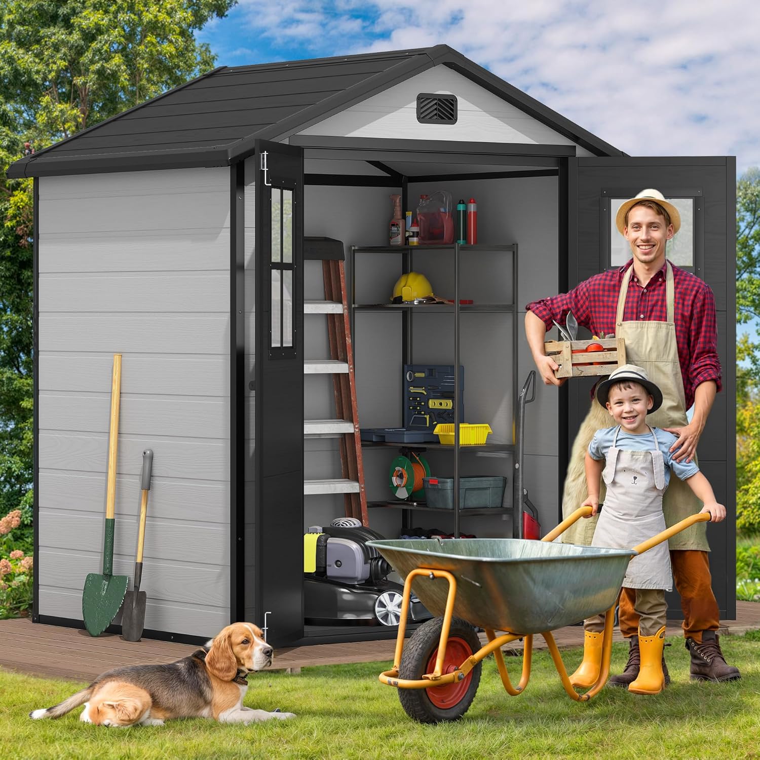 DWVO 6x4.4 FT Outdoor Storage Shed, Plastic Garden Tool Shed with 2 Windows, Double-Wall Outside Shed for Lawn Mower, Garden Shed for Backyard, Patio, Lawn