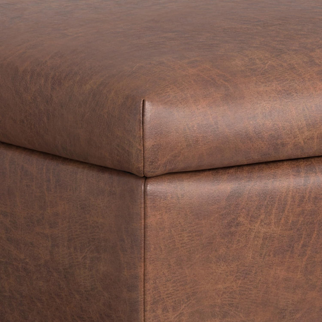 SIMPLIHOME Rebecca Storage Ottoman - 48 inch Wide Upholstered Vegan Leather Coffee Table Ottoman in Distressed Saddle Brown, Mid-Century Modern Lift-Top Storage for Living Room with Safety Hinges