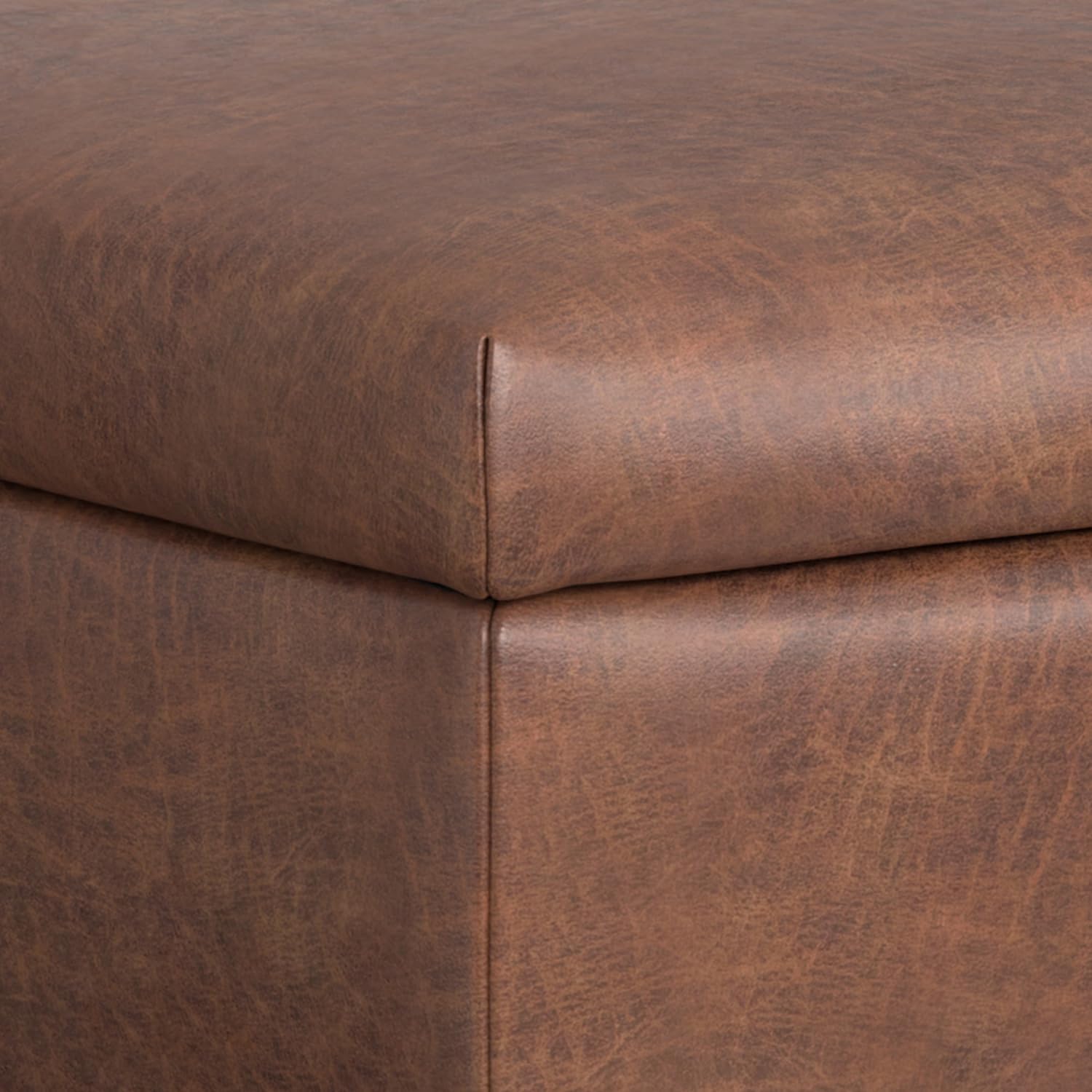 SIMPLIHOME Rebecca Storage Ottoman - 48 inch Wide Upholstered Vegan Leather Coffee Table Ottoman in Distressed Saddle Brown, Mid-Century Modern Lift-Top Storage for Living Room with Safety Hinges