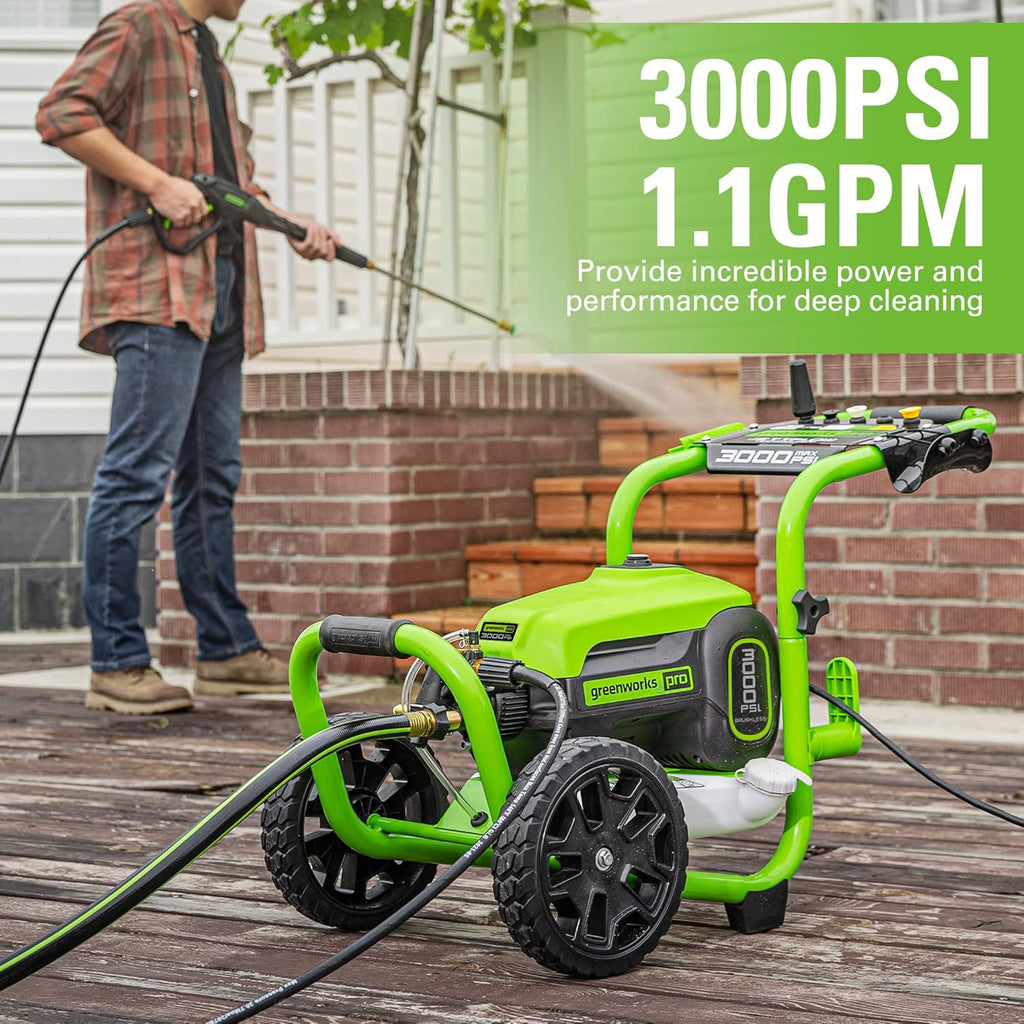 Greenworks 3000 PSI (2.0 GPM Max) Brushless Electric Pressure Washer, Steel Wand, On-Board Soap Tank (15°, 25°, 40°, Soap, and Turbo Nozzle)