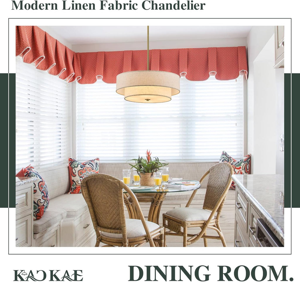 Gold Modern Chandelier 18'' Drum Chandeliers with 2-Layer Fabric Shade 4-Light Linen Pendant Light Fixture for Dining Room Bedroom Kitchen Hallway Foyer