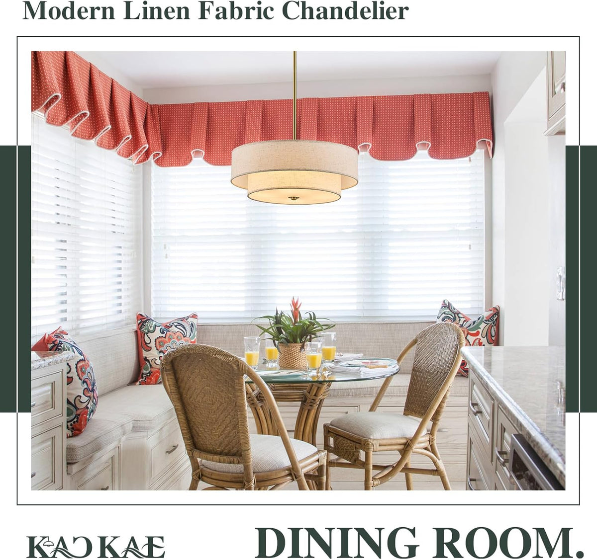 Gold Modern Chandelier 18'' Drum Chandeliers with 2-Layer Fabric Shade 4-Light Linen Pendant Light Fixture for Dining Room Bedroom Kitchen Hallway Foyer