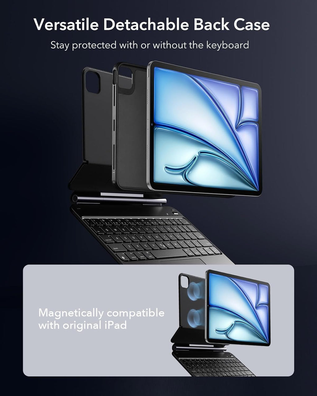 ESR for iPad Air 11 Inch Case with Keyboard M4/M3/M2 (2026/2025/2024) & iPad Pro 11/Air 5th/4th Gen Keyboard, Easy-Set Magnetic Stand, Portrait/Raised Modes, with Removable Protective Case, Black