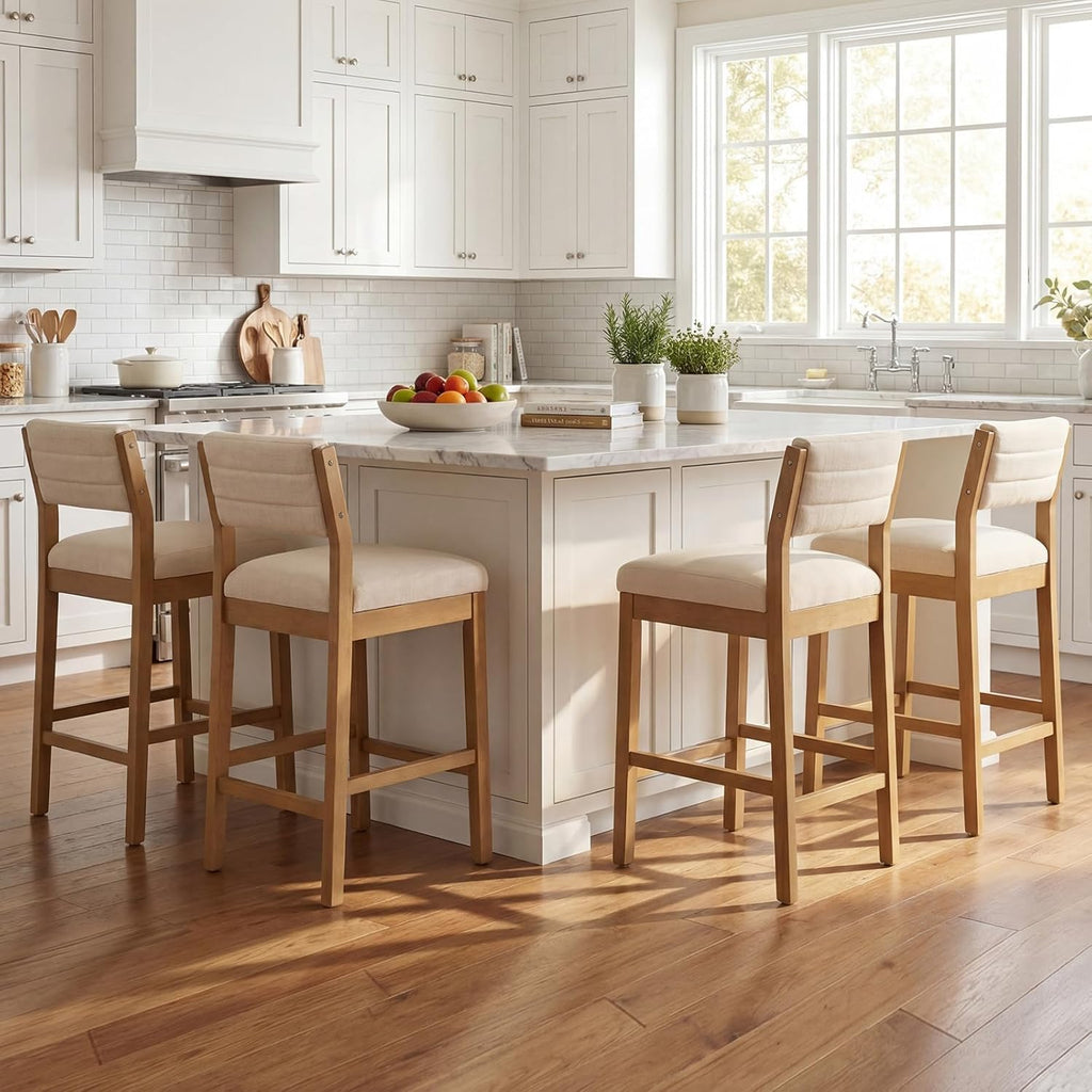 RIVOVA 26" Bar Stools Set of 3 Counter Height Bar Stools for Kitchen Counter, Modern Upholstered Barstools with Back and Wood Legs Linen Stools Farmhouse Island Chairs, Beige