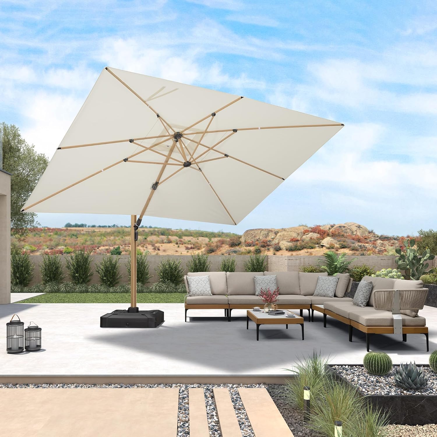 PURPLE LEAF 10' x 13' Rectangle Patio Cantilever Umbrella With Base Large Hanging Umbrella Teak Finished Aluminum Frame Windproof Offset Outdoor Sun Umbrellas for Beach Pool Deck, Cream