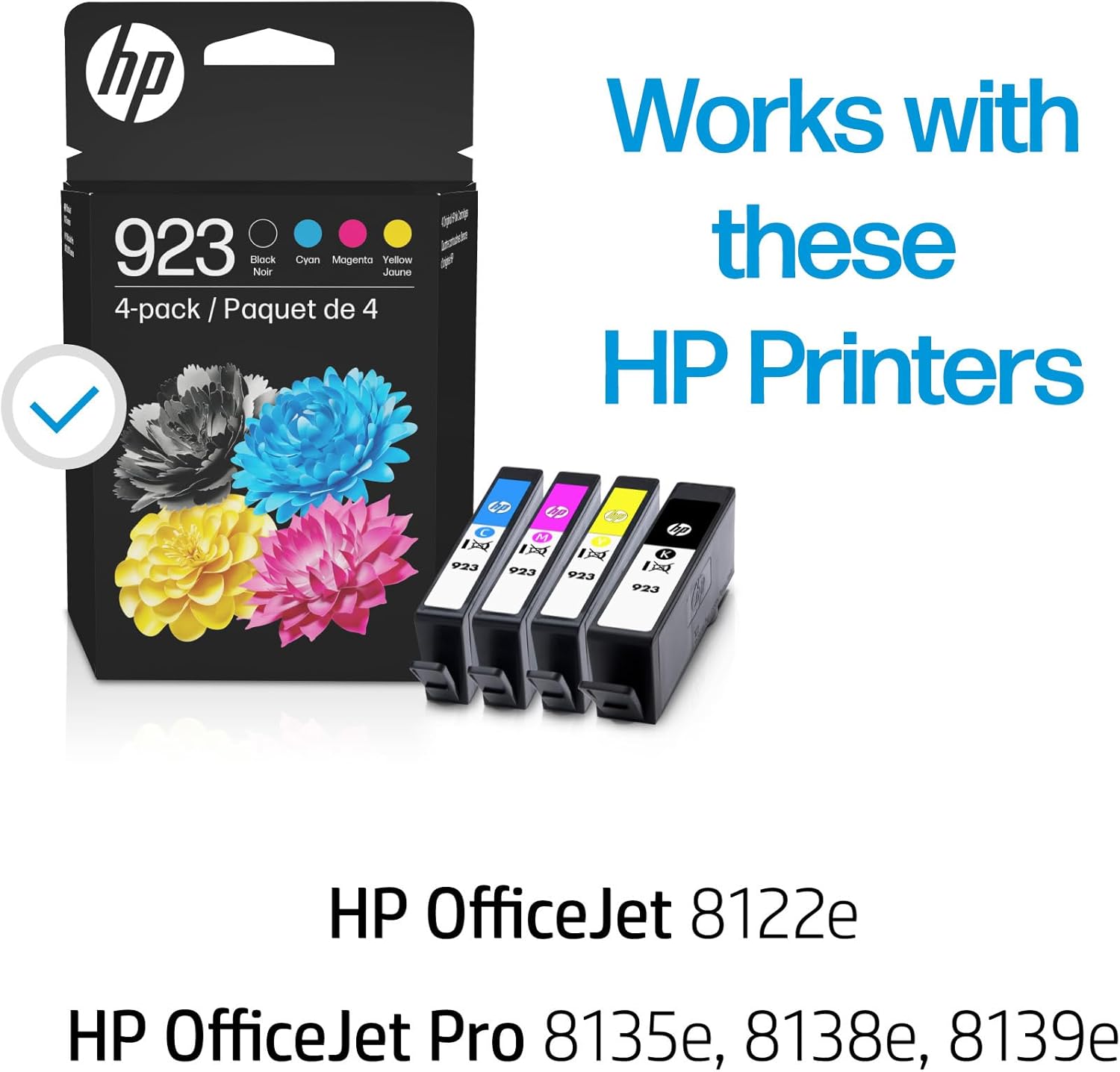 HP 923 Black, Cyan, Magenta, Yellow Ink Cartridges (4-Pack) | Works with Printer Series: OfficeJet 8120, OfficeJet Pro 8130 | Eligible for Instant Ink | 6C3Y6LN