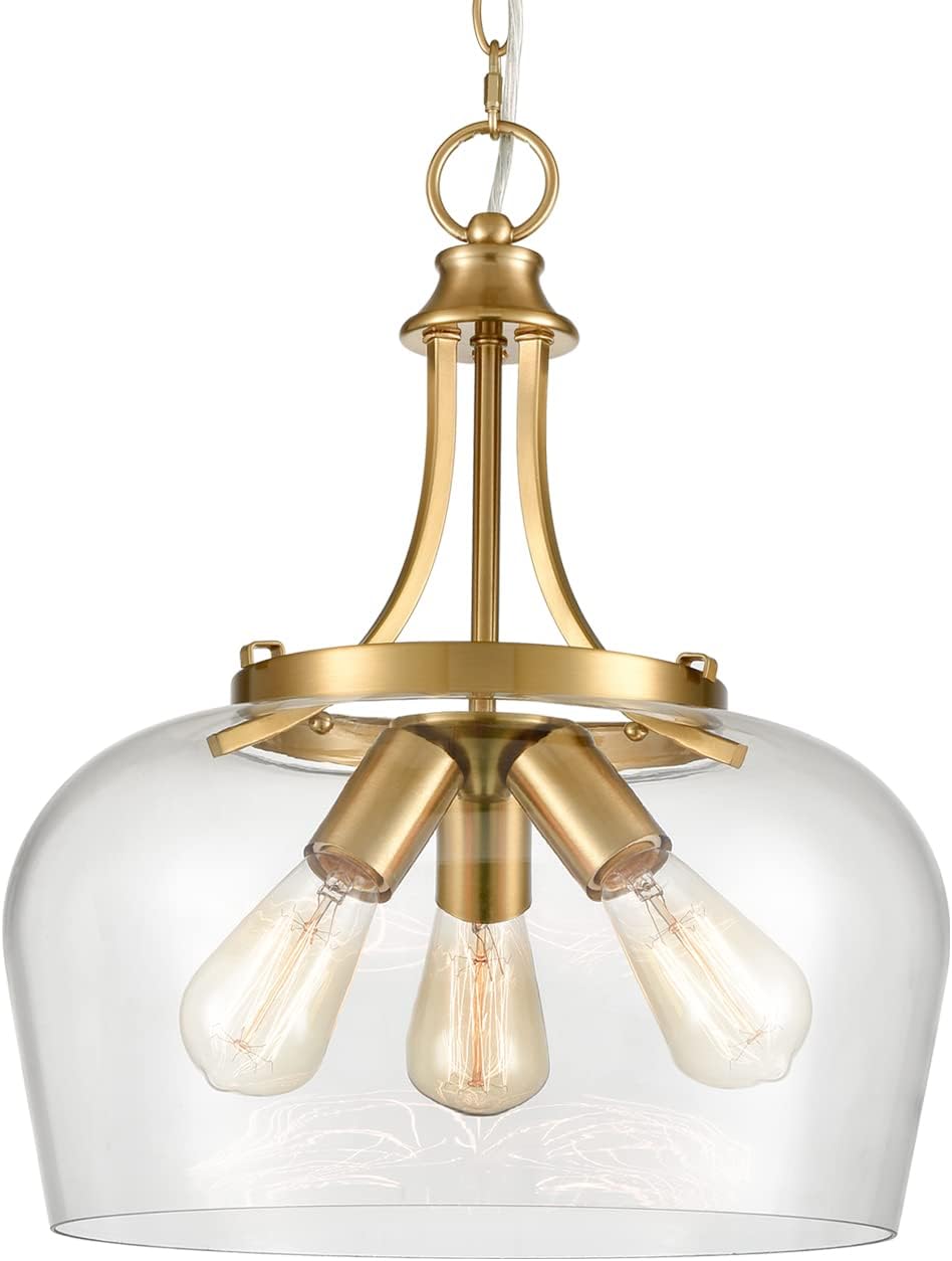 Modern 3-Light Gold Pendant Light with Clear Glass Shade, Mid Century 15-Inch Pendant Lighting Adjustable Height Hardwired Brass Glass Chandelier for Kitchen Island Dining Room