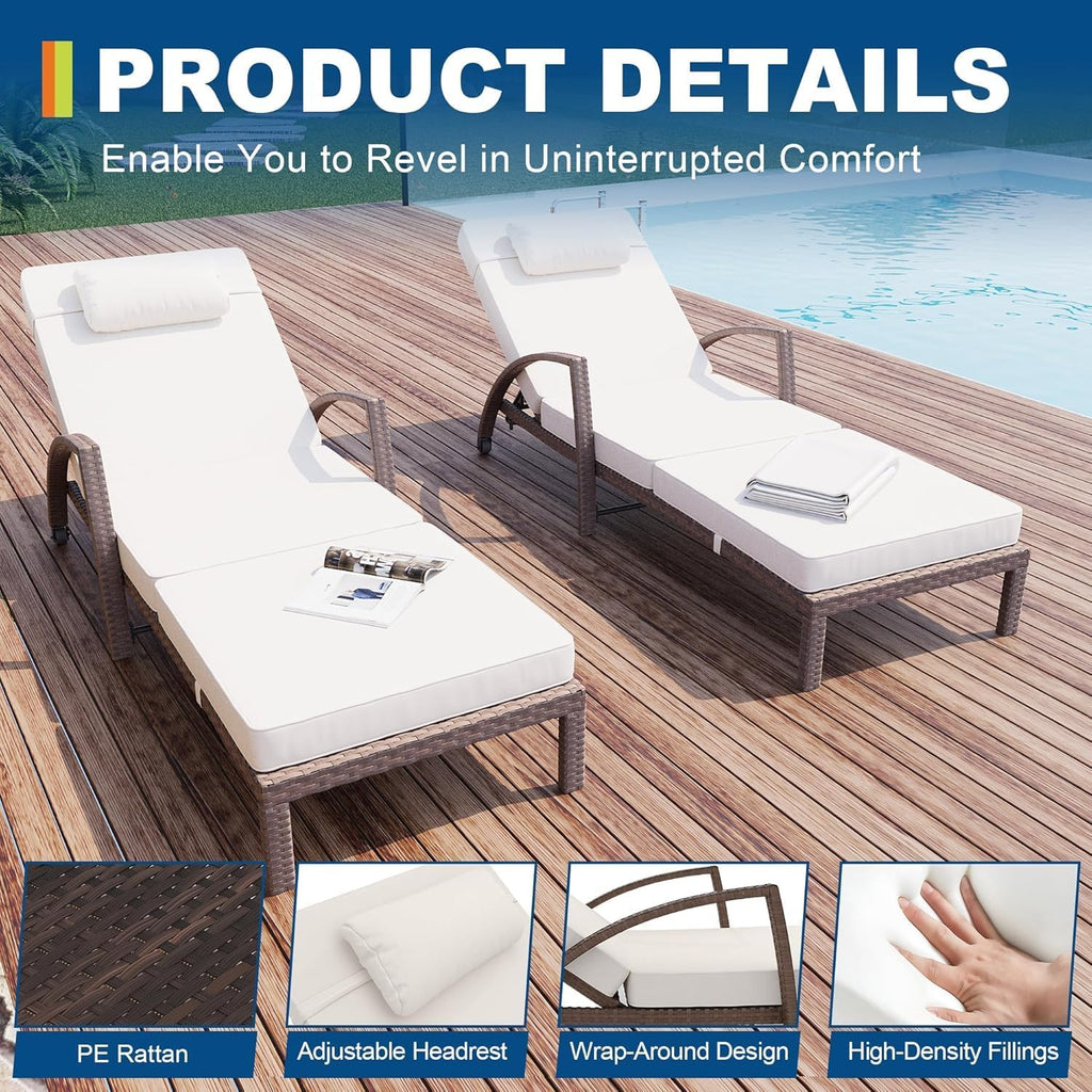 Garvee Outdoor Chaise Lounge Chairs Set of 2, PE Rattan Wicker Patio Lounge Chairs with 5-Position Adjustable Backrest, 3.5" Cushions & Wheels, 380 lbs Capacity Heavy Duty Pool Lounge Chair, Beige