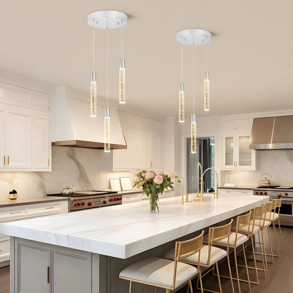 3 Light Pendant Lights Kitchen Island,Modern LED Bubble Crystal Pendants with Dimmable 3000K-6000K Ceiling Hanging Light Fixture for Dining Room Bedroom,Chrome Finish,Adjustable Height 59"