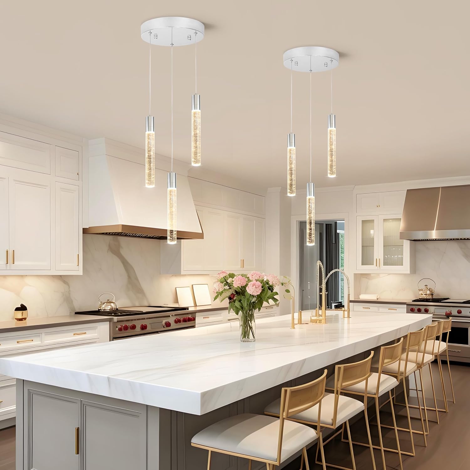 3 Light Pendant Lights Kitchen Island,Modern LED Bubble Crystal Pendants with Dimmable 3000K-6000K Ceiling Hanging Light Fixture for Dining Room Bedroom,Chrome Finish,Adjustable Height 59"