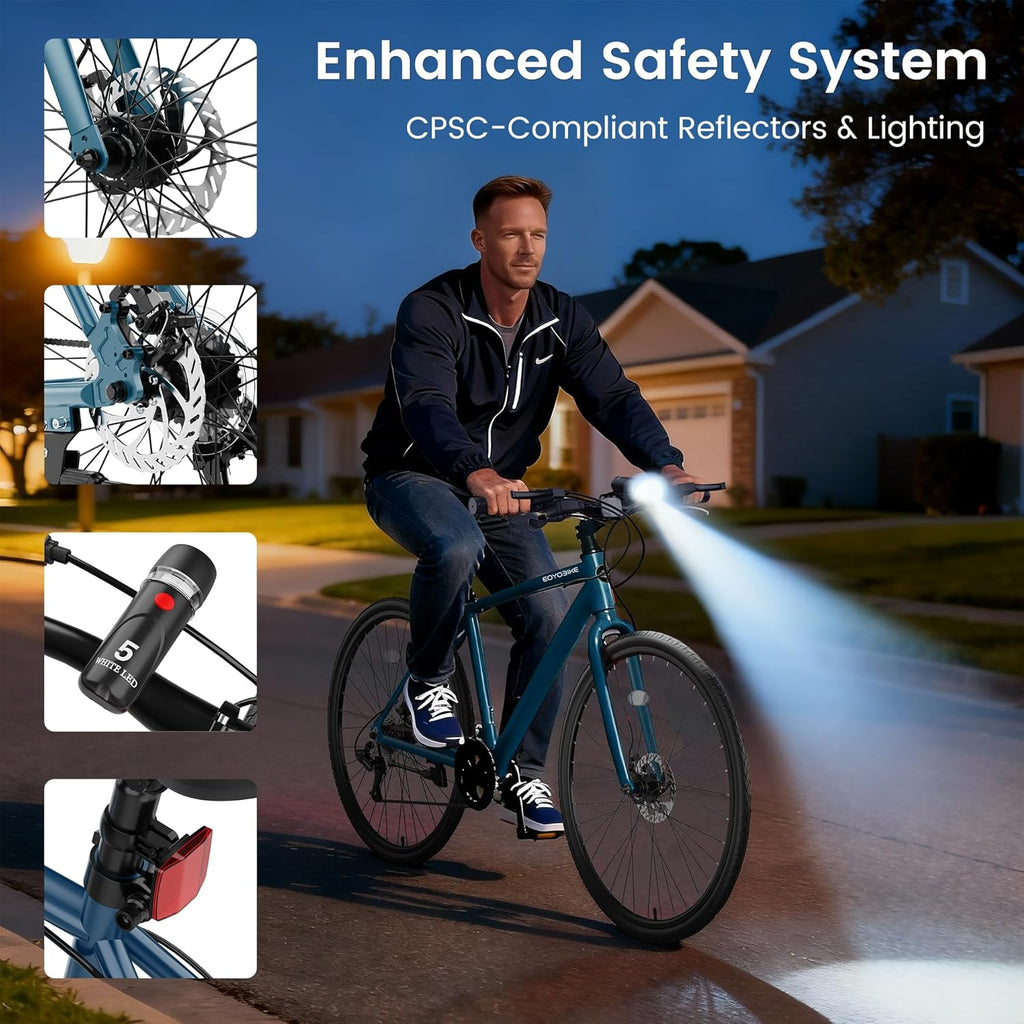 MOONCOOL Hybrid Bike for Men, 700C Aluminum 29LB Ultra-Light 8 Speed Commuter Bike, 350lb Loading, 29" Urban Bicycle, Dual Disc Brakes, for Tall Men&Women, 85% Pre-Assembled