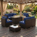 8 Pieces Patio Furniture Set with 44" Propane Gas Fire Pit Table, Outdoor Sectional Brown Rattan Wicker Conversation Sofa Sets with Coffee Table