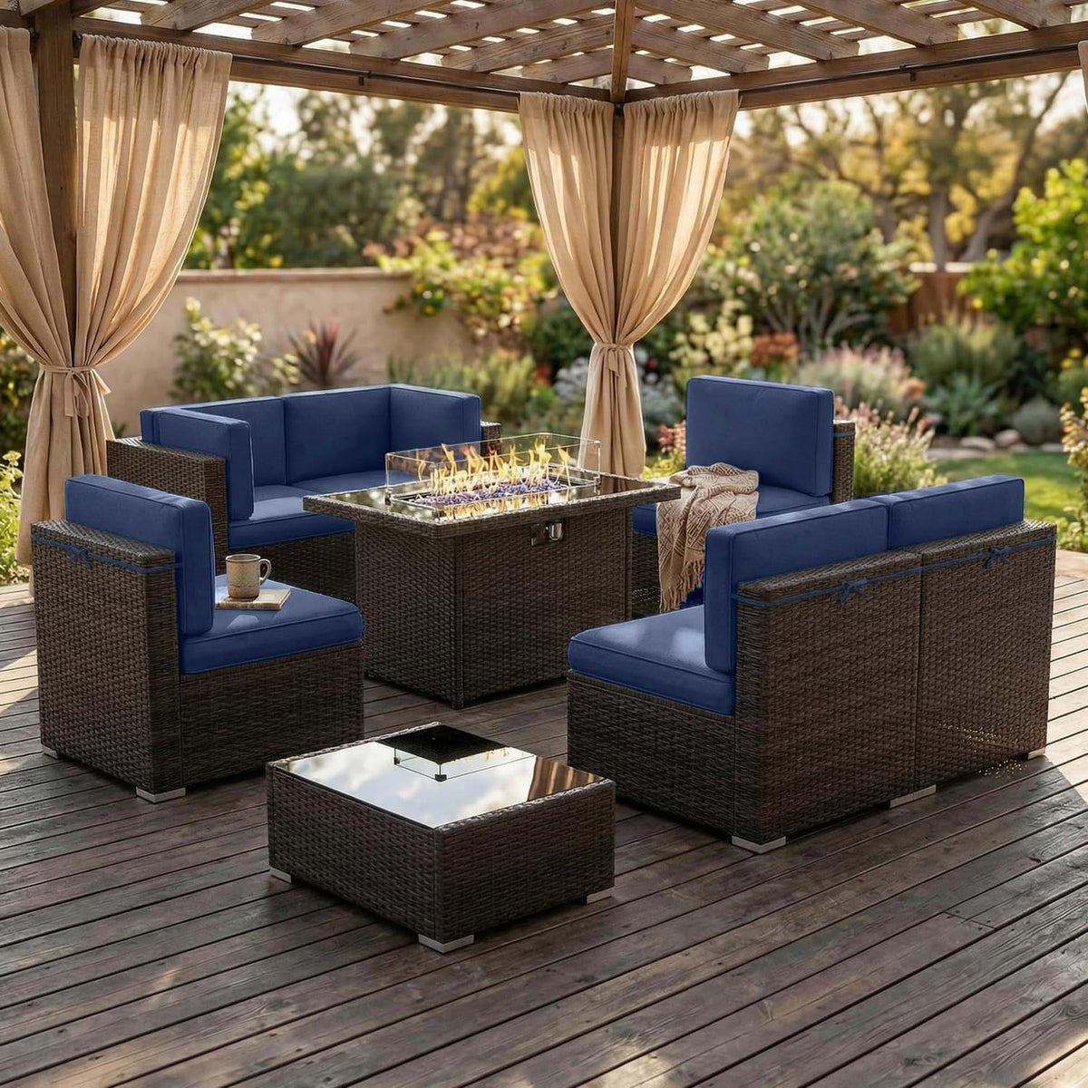 8 Pieces Patio Furniture Set with 44" Propane Gas Fire Pit Table, Outdoor Sectional Brown Rattan Wicker Conversation Sofa Sets with Coffee Table