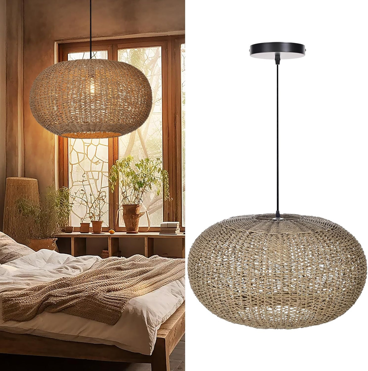 Arturesthome Large Natural Hand Weaved Rattan Pendant Lamp,Coastal Beach Boho Chandelier for Kitchen Hallway Bedroom Dinning Room Living Room Dia 23.6 in