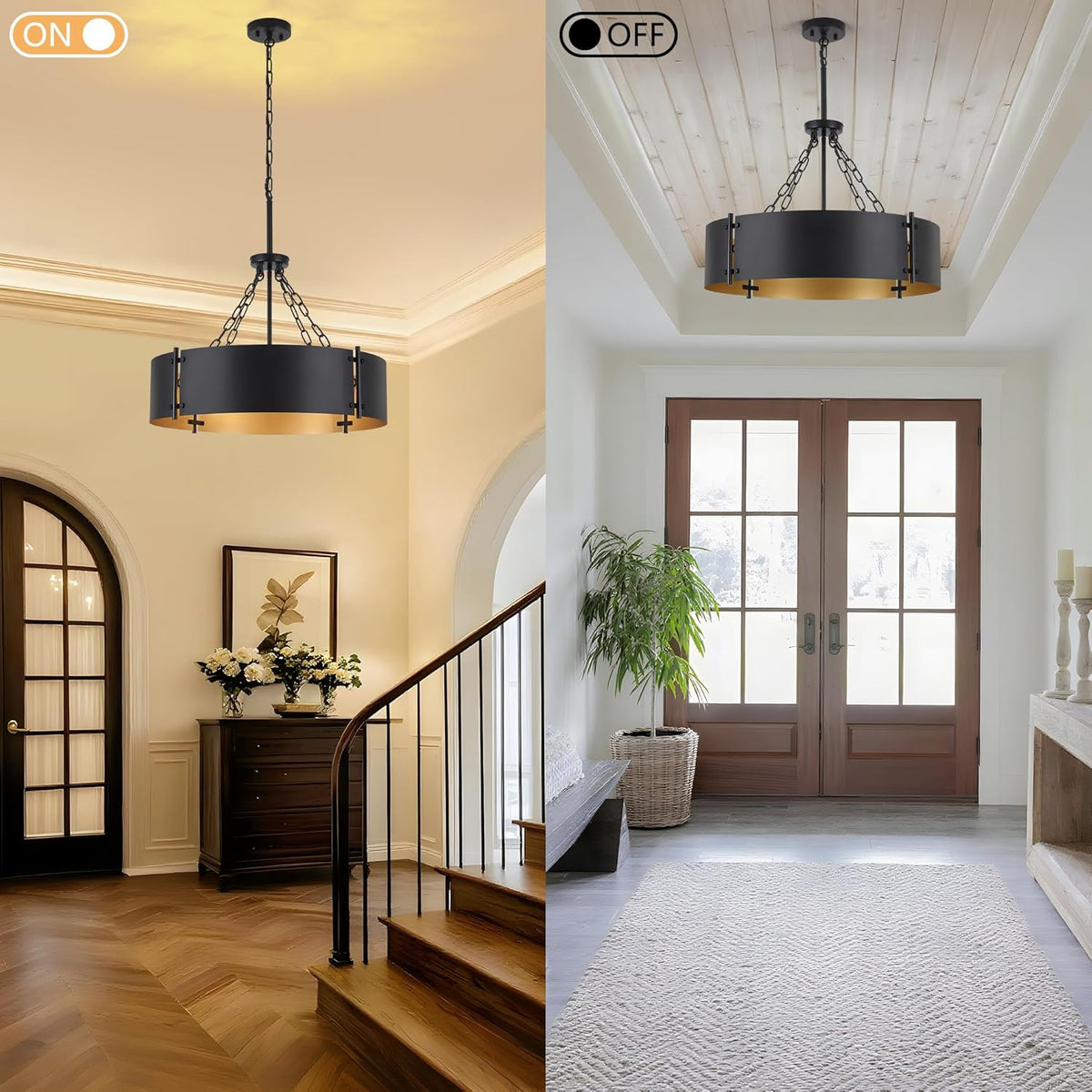 23.62'' Modern Drum Chandelier 6-Light Farmhouse Black and Gold Dining Room Light Fixture Industrial Large Pendant Lighting Rustic Hanging Light Fixtures Vintage Chandeliers for Living Room Kitchen