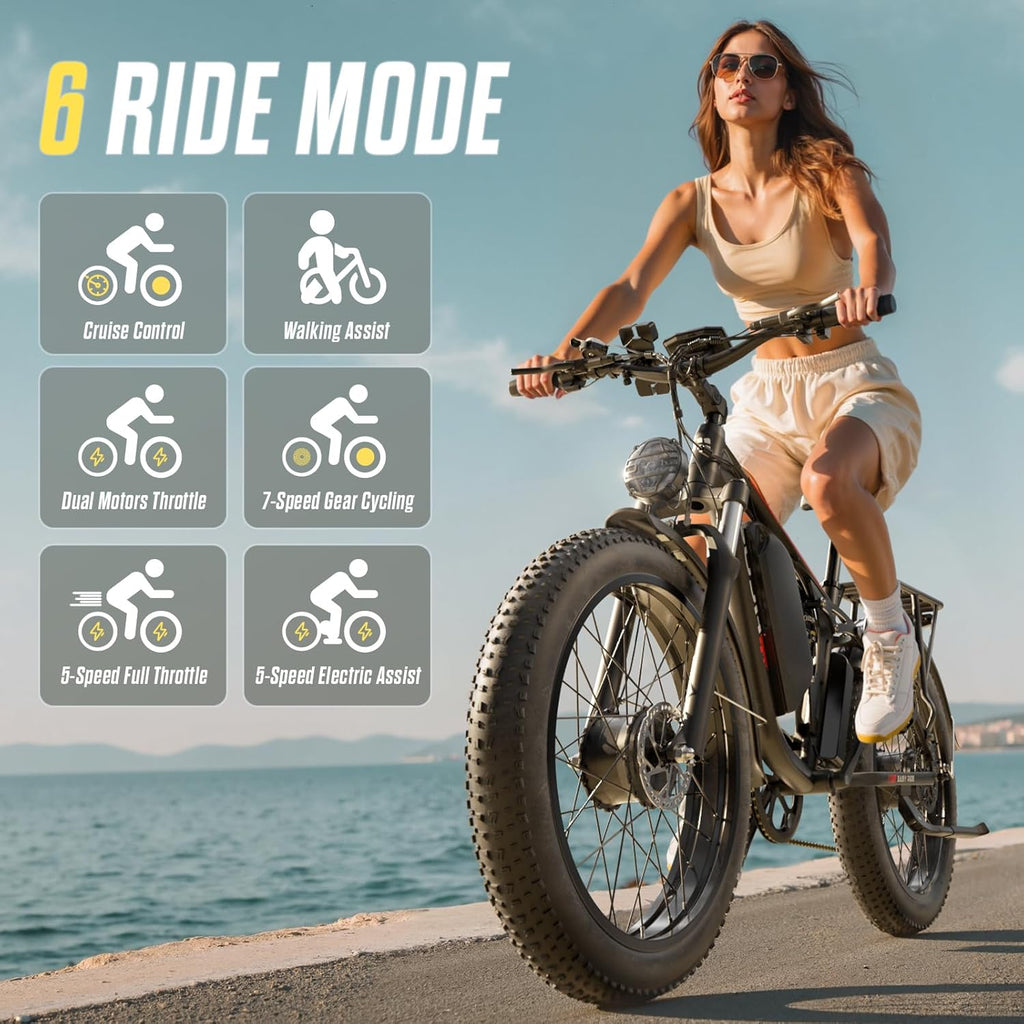 Peak 6000W Dual Motor Electric Bike,60V 1200Wh Removable Battery & 110Nm Torque,Fast Ebike for Adults,Max 45MPH & 100-Mile Range,24" Fat Tire Electric Bicycle for Snow Commuter Riding E-Bikes