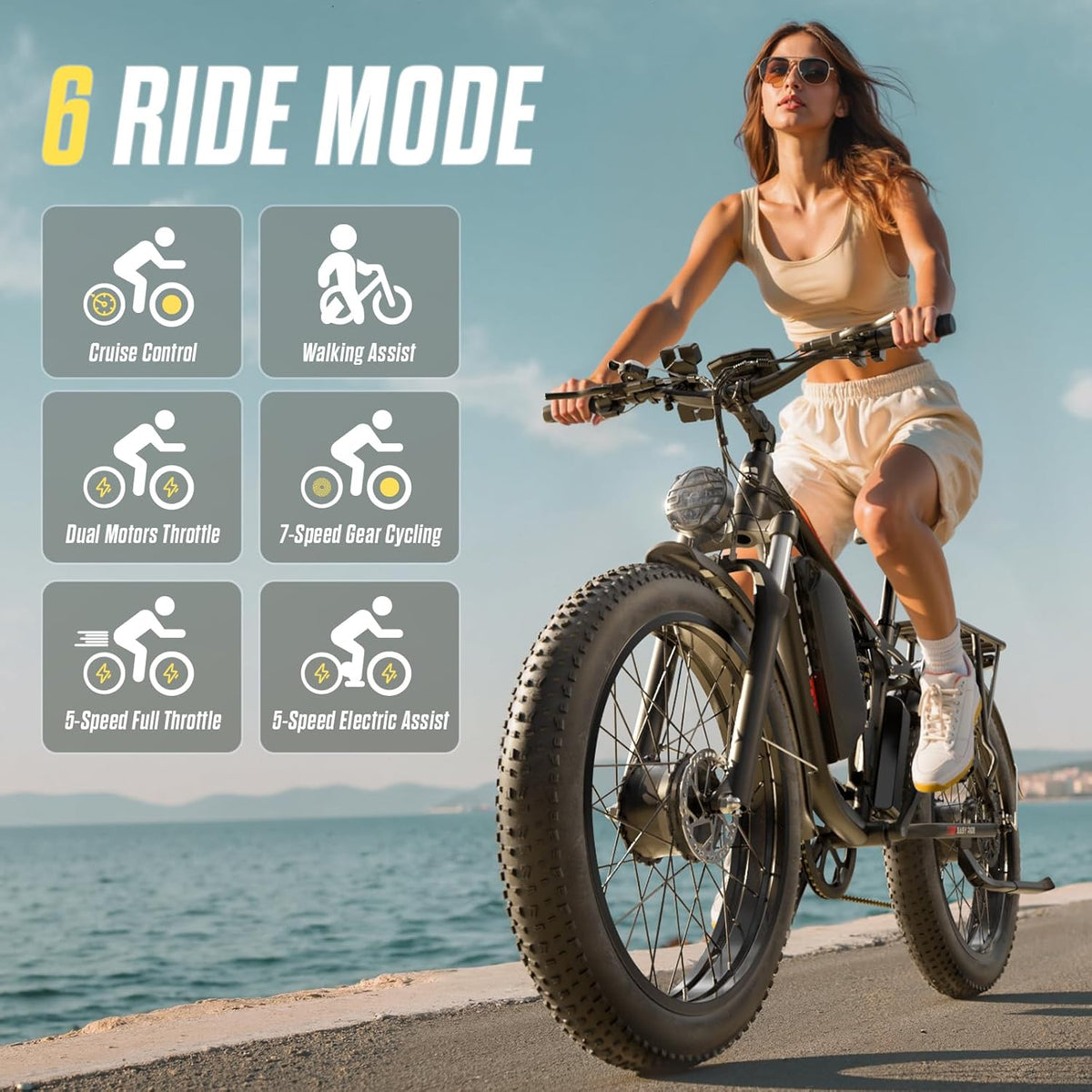 Peak 6000W Dual Motor Electric Bike,60V 1200Wh Removable Battery & 110Nm Torque,Fast Ebike for Adults,Max 45MPH & 100-Mile Range,24" Fat Tire Electric Bicycle for Snow Commuter Riding E-Bikes