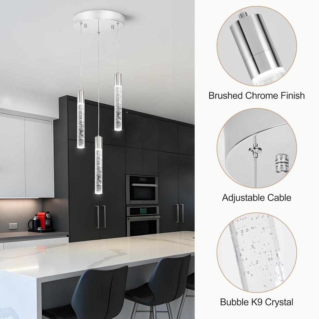 3 Light Pendant Lights Kitchen Island,Modern LED Bubble Crystal Pendants with Dimmable 3000K-6000K Ceiling Hanging Light Fixture for Dining Room Bedroom,Chrome Finish,Adjustable Height 59"