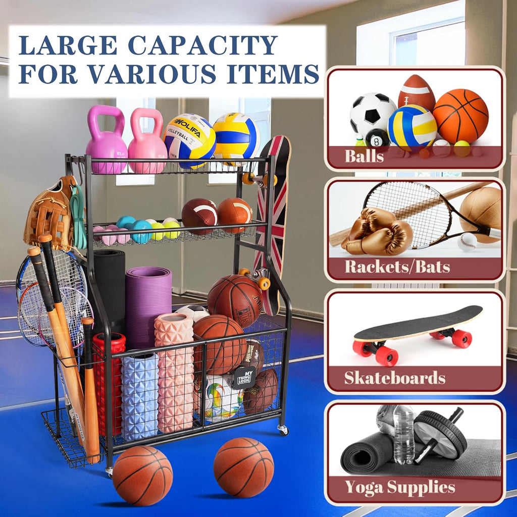 Mythinglogic Sports Equipment Garage Organizer,Garage Ball Storage for Sports Gear and Toys, Rolling Ball Cart with Wheels for Indoor/Outdoor Use