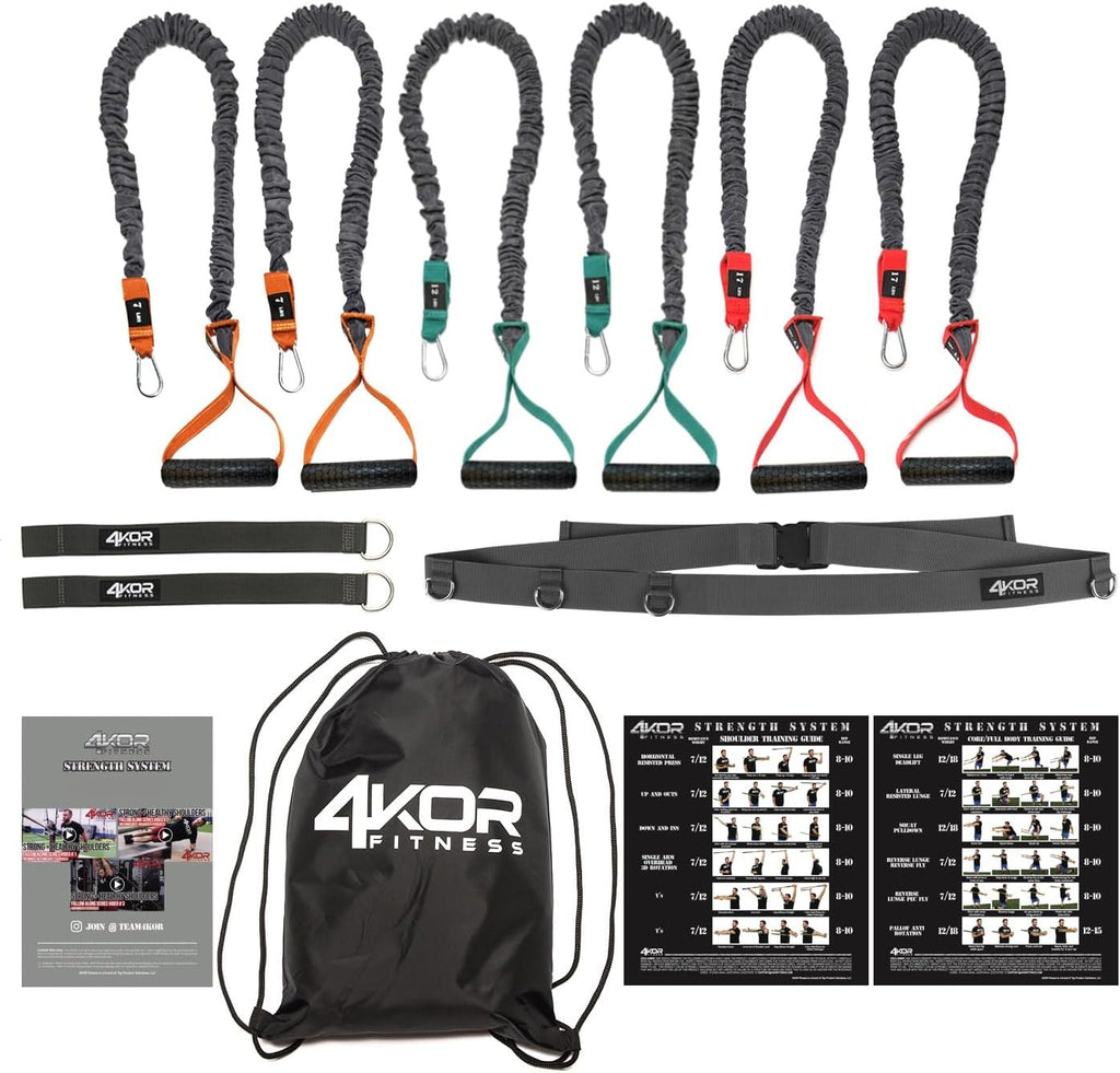 4KOR Cross Anchor Shoulder Performance Training System. Resistance Cords with Handles and Dynamic Workout Guide. Exercise Bands with Nylon Sleeves, Rubber Grips, and Carry Bag for Rehab and Strength