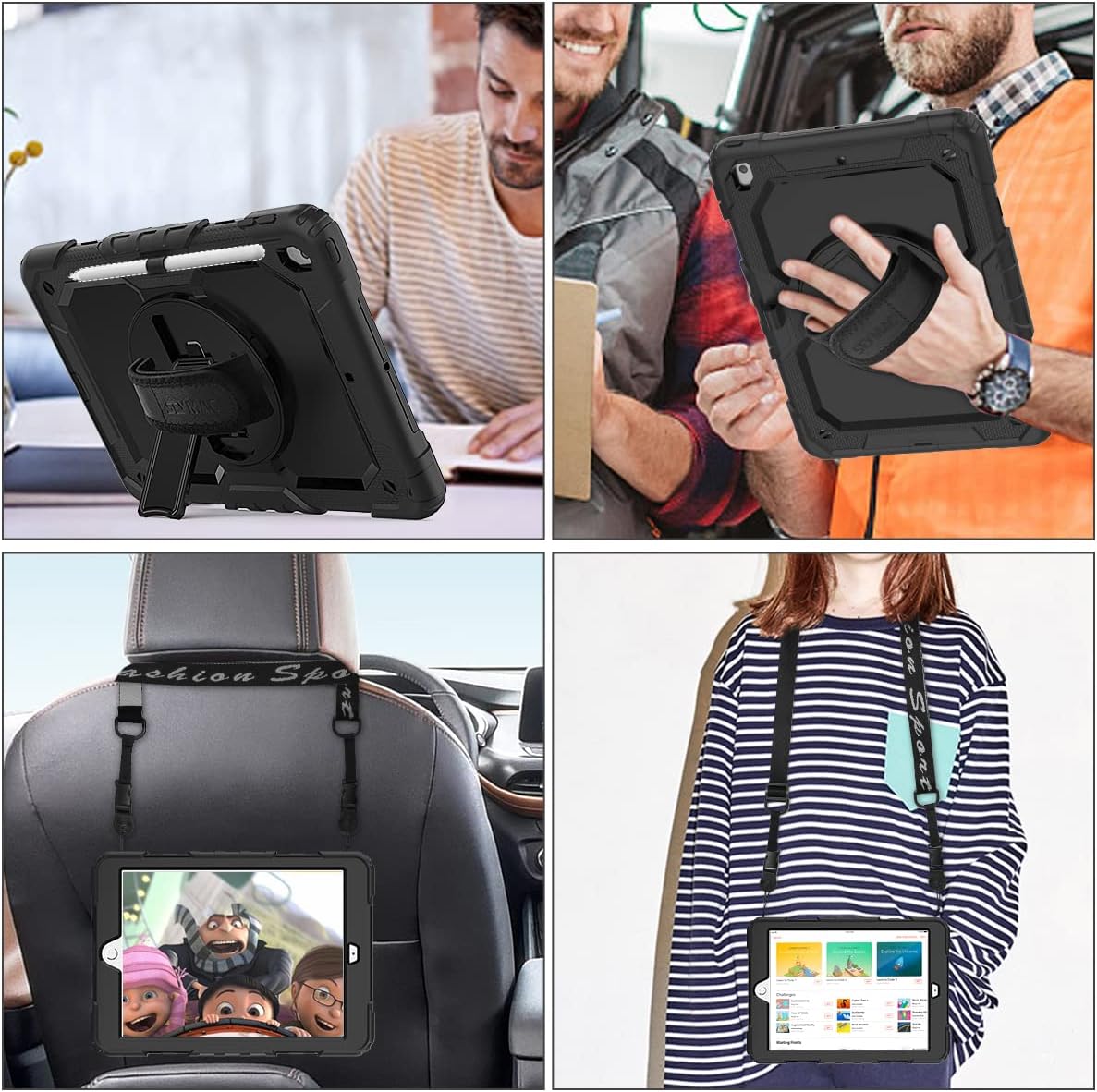 SEYMAC stock Case for iPad 9th/ 8th/ 7th Generation 10.2'', Shockproof with Screen Protector, Pencil Holder 360° Rotating Hand Strap & Stand, for iPad 10.2 inch 2021-2019 (Black)