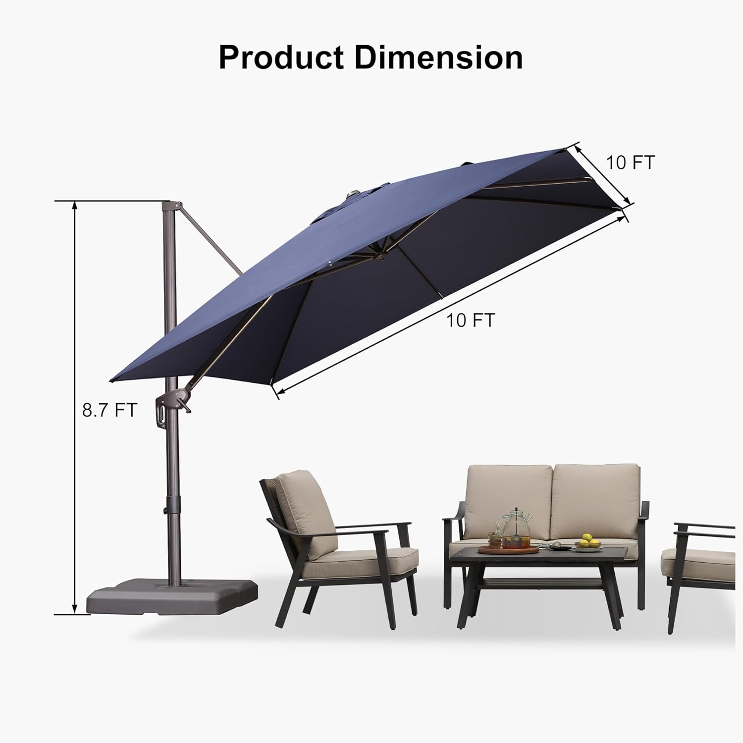 PURPLE LEAF 10' X 10' Patio Cantilever Umbrella with Base Included Antique Bronze Square Outdoor Umbrella with 360° Rotation and Aluminum Offset Hanging for Garden Backyard Pool, Navy Blue