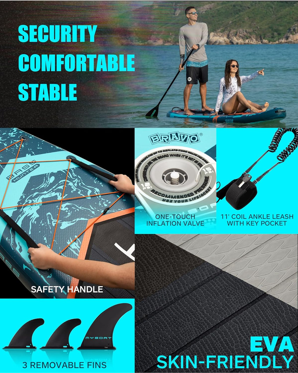 MYBOAT 11'6"×34"×6" Extra Wide Inflatable Paddle Board, Stand Up Paddle Board for Fishing, Sup Board with 3 Removable Fins, Dual Bungees, Camera Mount, Hand Pump, Strong Paddle,Leash