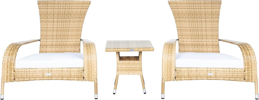 SAFAVIEH Outdoor - Edna 3-Piece Lounge Set - Natural & White - Steel Frame & Faux Rattan with Cushion - Wingback Tropical French Design - Ideal for Patio, Deck, Porch, Backyard (PAT7719D)