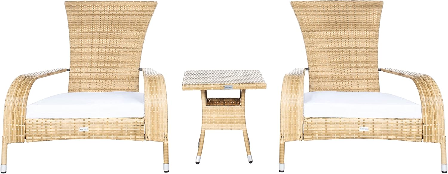 SAFAVIEH Outdoor - Edna 3-Piece Lounge Set - Natural & White - Steel Frame & Faux Rattan with Cushion - Wingback Tropical French Design - Ideal for Patio, Deck, Porch, Backyard (PAT7719D)