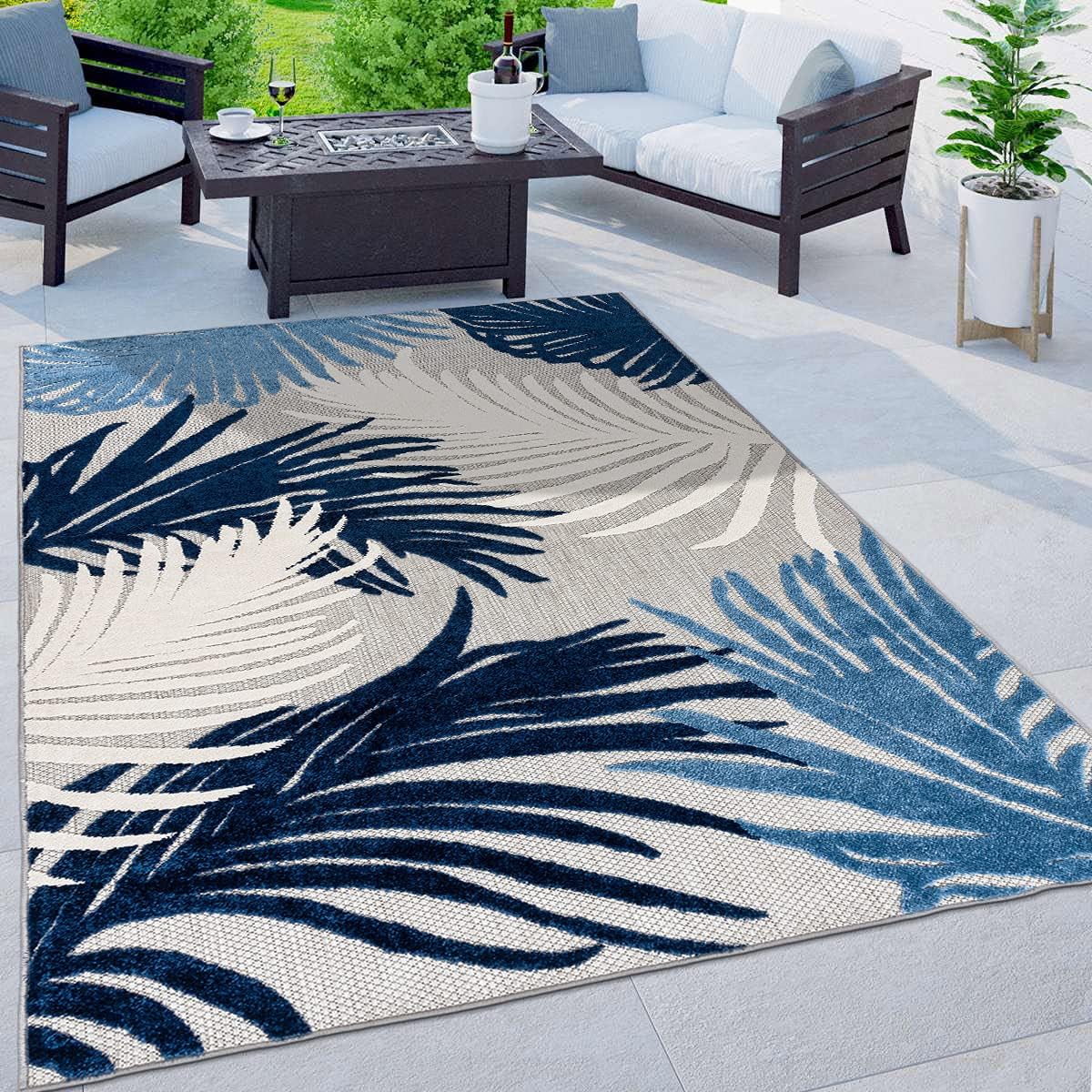 Rugshop Navy Lucca Contemporary Floral Indoor/Outdoor Area Rug Durable Polypropylene, Weather Resistant, Easy to Clean Perfect for Patio, Backyard, Deck and Outdoor Lounge 7'10" x 10'