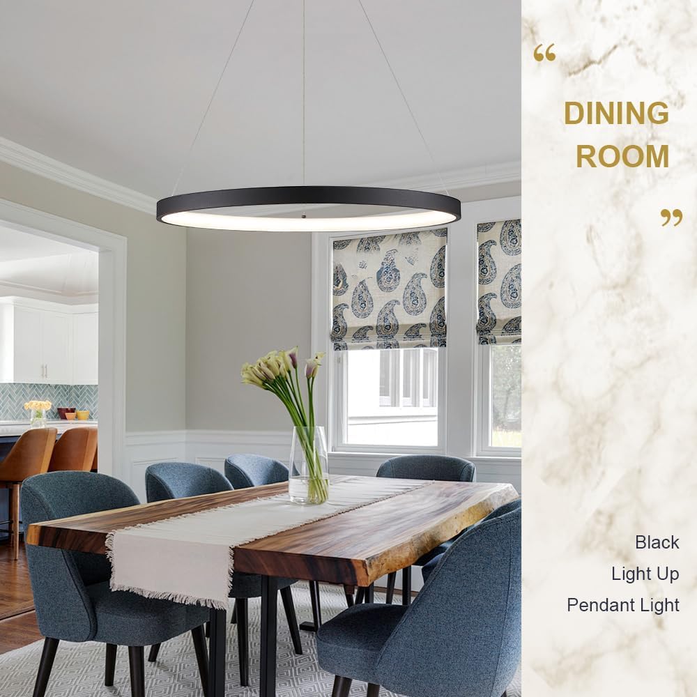Modern LED Pendant Light Black Ring Chandelier 24" Dimmable Flush Mount Pendant Chandelier for Dinning Room Office Kitchen Living Room,3000-6500K