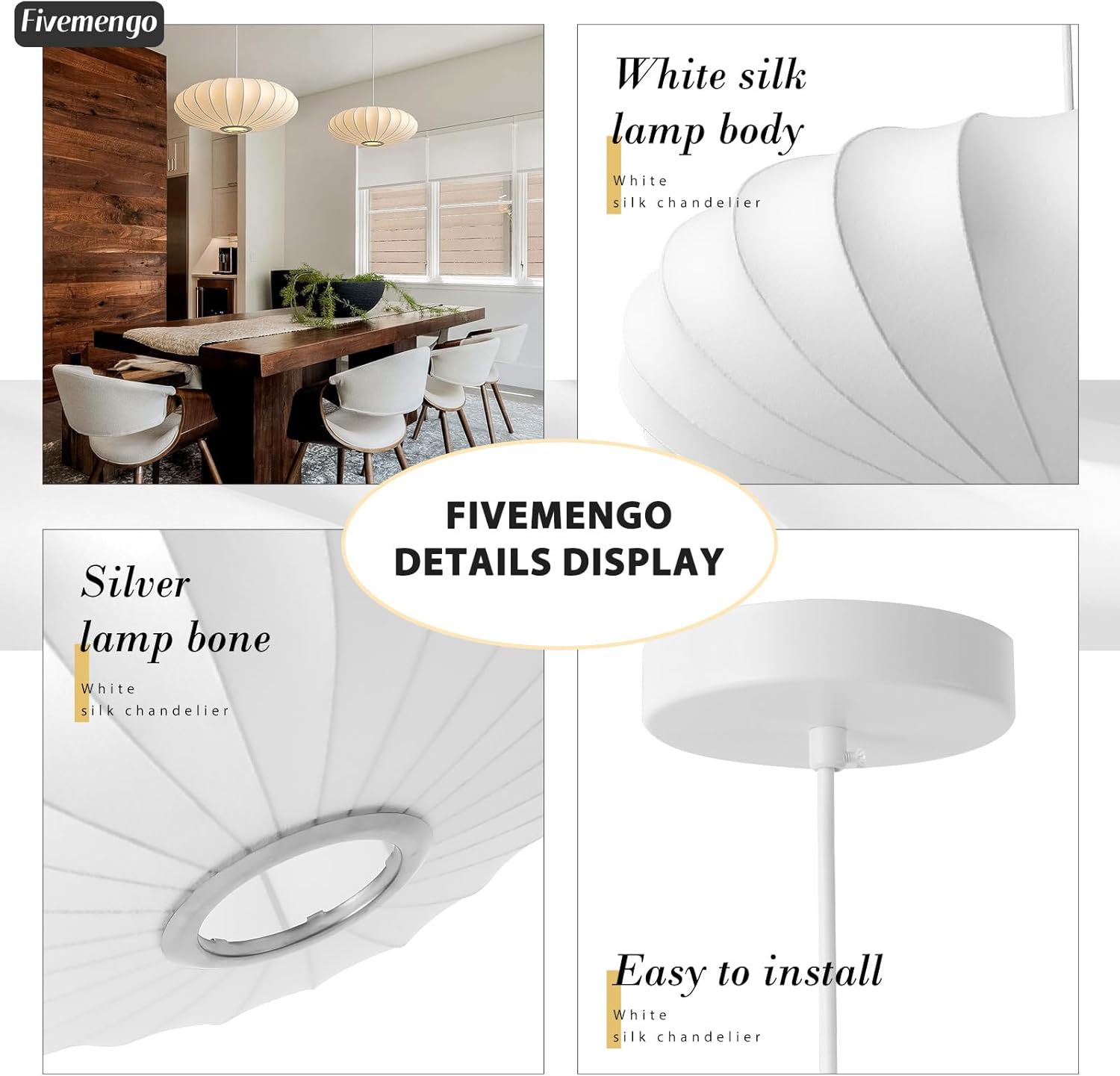 20 Inch Lantern Pendant Light, White Imitation Silk Lampshade, Bubble Pendant Light Fixture Ceiling Hanging Lamp Chandelier for Living Dinning Room Kitchen Island Bedroom Restaurant Cafe
