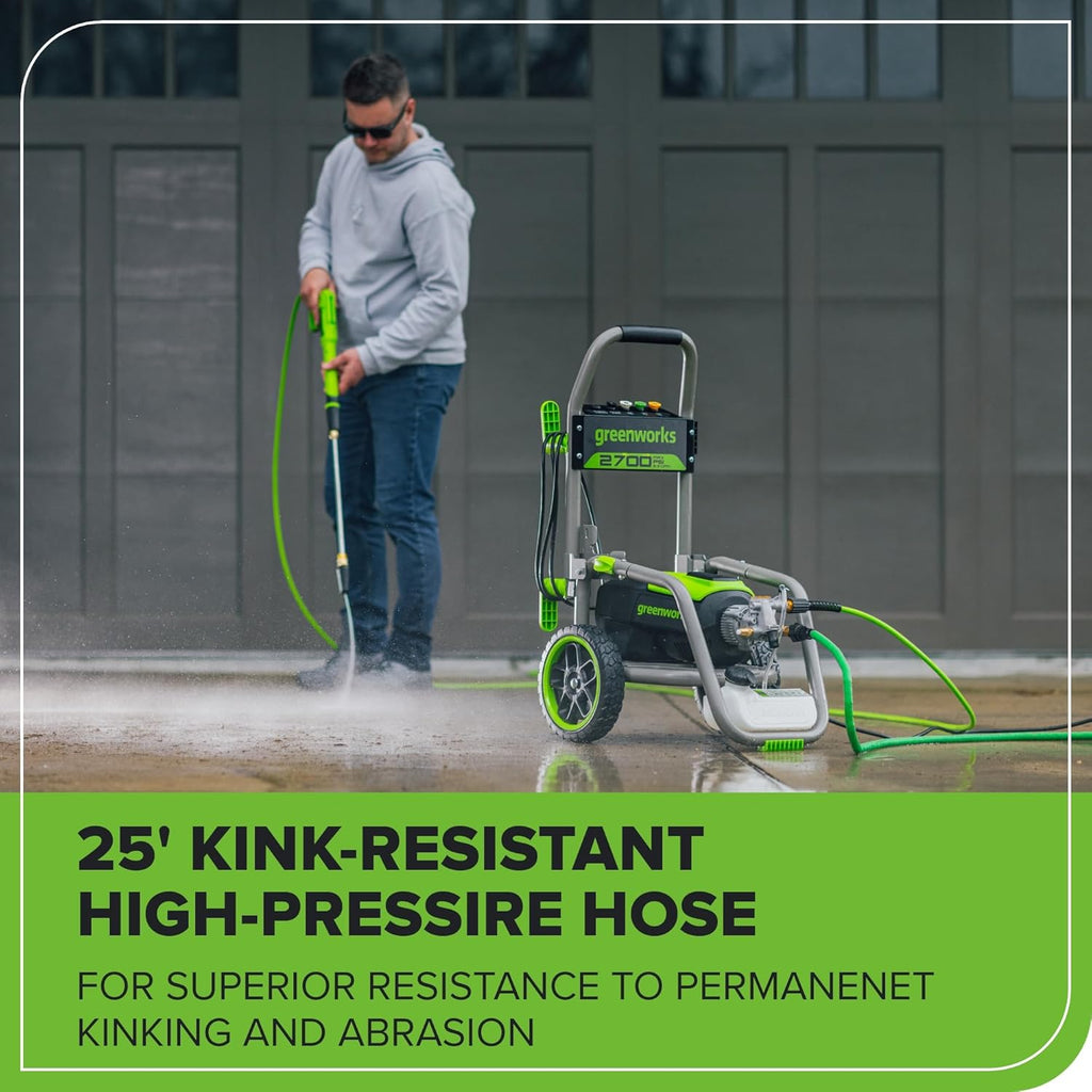 Greenworks Pro Brushless 2700 PSI (CSA Certified) 2.3 GPM Max / 1.2 GPM Electric Pressure Washer (Foldable Handles, Rugged Steel Frame, 25 FT Hose, 35 FT GFCI Power Cord)