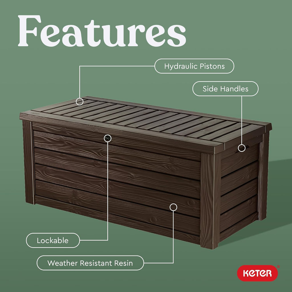 Keter 150 Gallon Resin Large Deck Box Organization and Storage Box for Patio, Outdoor Cushions, Garden Tools, Brown