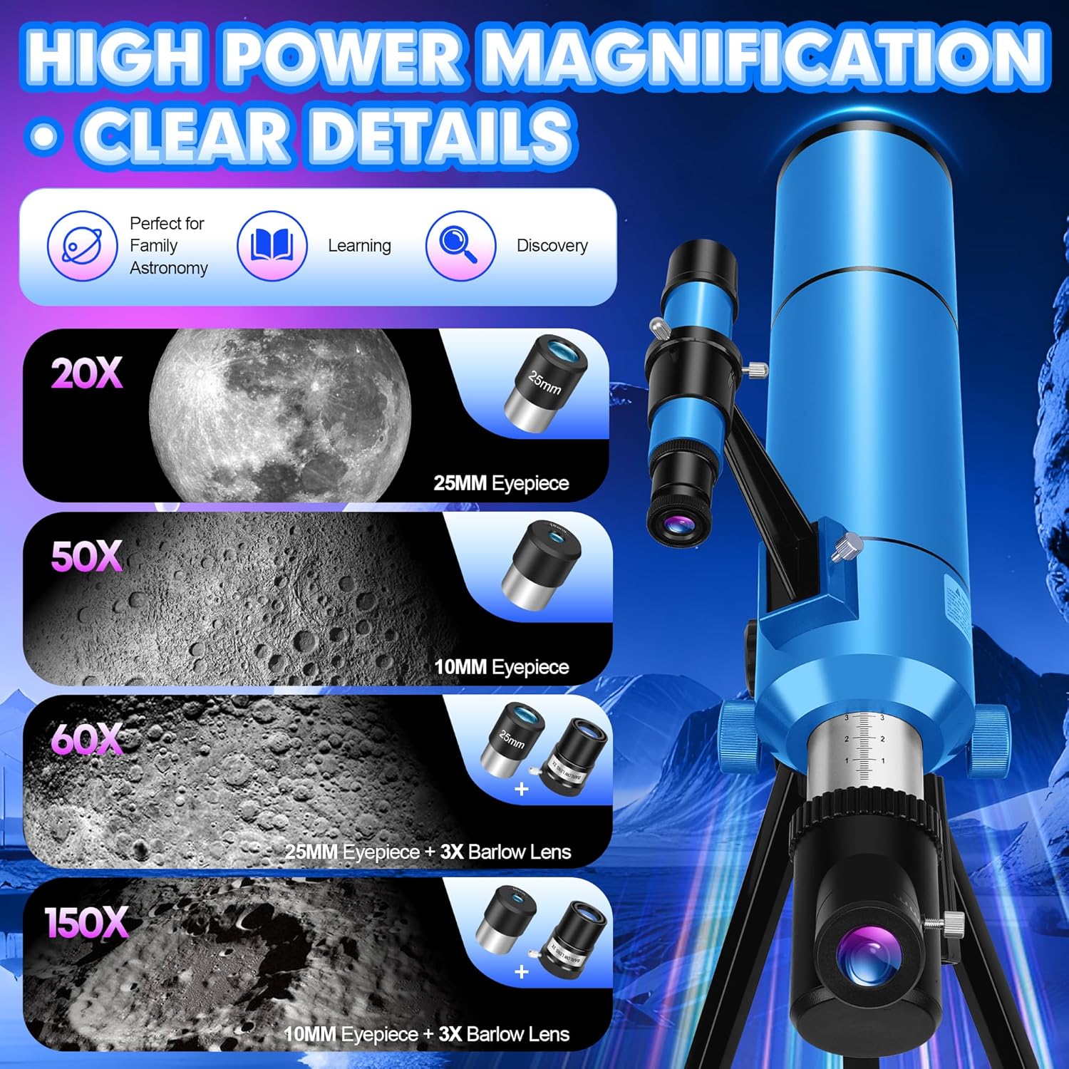 Telescope for Adults & Kids, 80mm Aperture 500mm (20X-150X) Professional Refractor Telescope for Astronomy Beginners, Portable Travel Telescopes with Tripod Phone Adapter, Stickers, Backpack